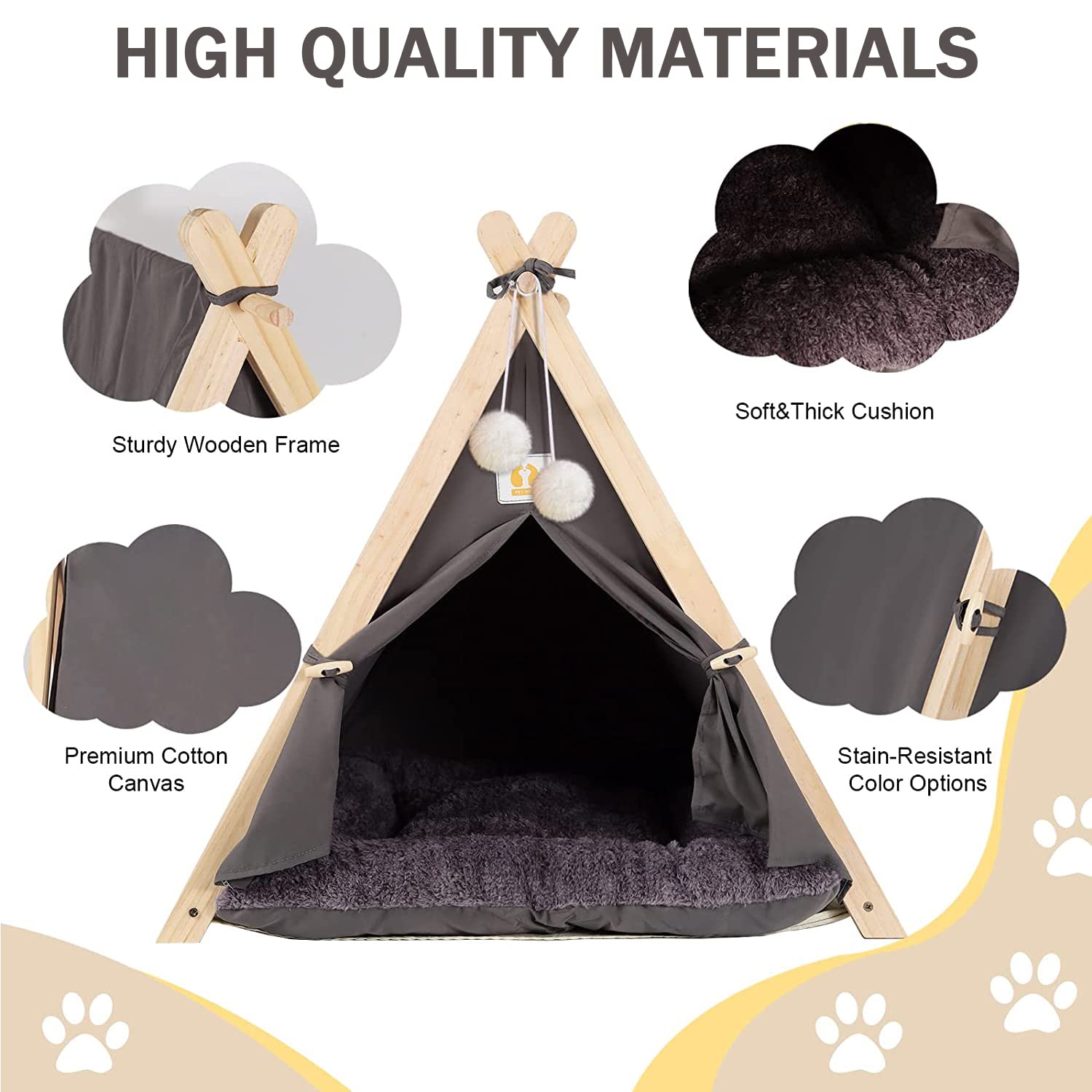 Washable Pet Teepee Tent for Small Dogs & Cats Under 25lbs - Portable Puppy Bed with Thick Cushion for Indoor & Outdoor Use - Cozy Hideaway for Napping, Travel, and Playtime