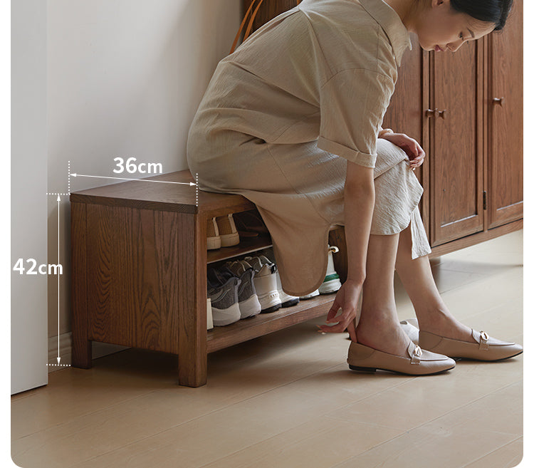 Solid Oak Wood Shoe Bench for Entryway - Durable Shoe Storage Stool for Hallway, Living Room & Bedroom Organization
