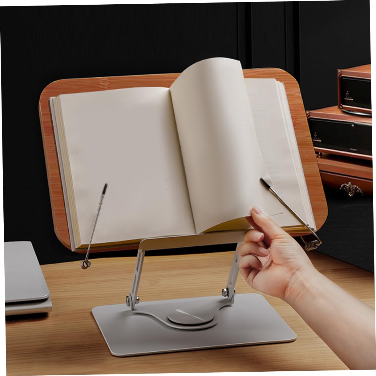 OSALADI Adjustable Book Stand - Sturdy Bamboo & Aluminum Book Holder for Reading, Studying, and Office Use - Perfect for Cookbooks, Textbooks, and Bibles