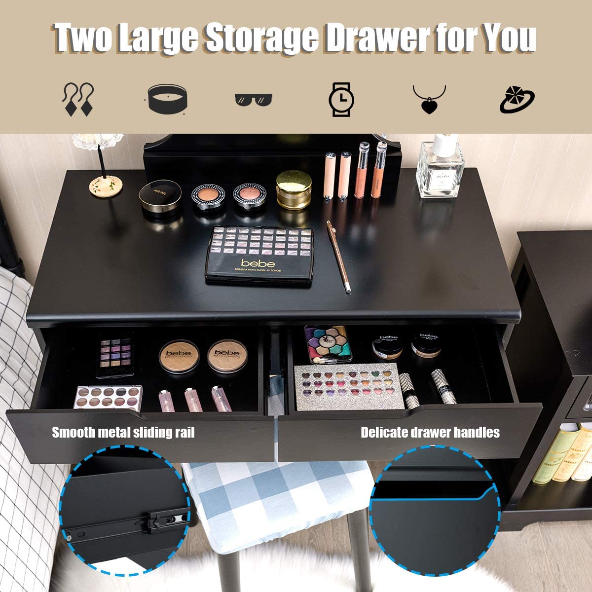 Giantex Vanity Table Set with 8 LED Lights & Touch Control, Princess Style Dressing Table with Large Round Mirror, 2 Sliding Drawers & Cushioned Stool - Perfect for Bedroom, Bathroom & Makeup Room (Black)