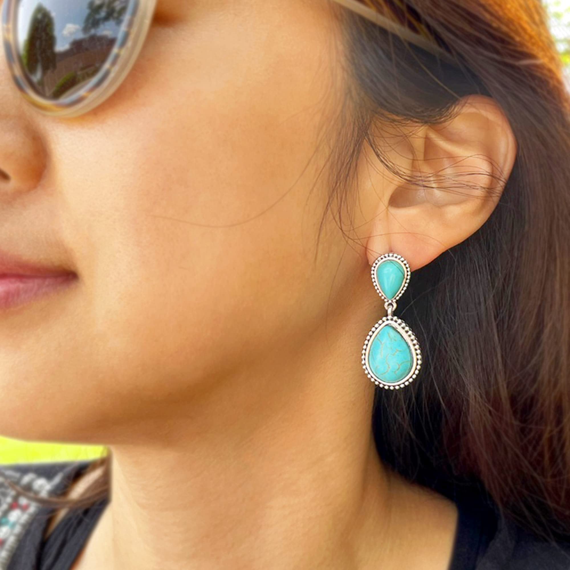 Boho Turquoise Earrings for Women - Handmade Natural Stone Jewelry, USA Designed Stud Earrings | Perfect for Boho Fashion, Casual Wear & Gift Giving