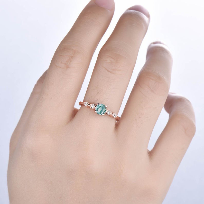 Natural Moss Agate Ring for Women - Rose Gold Diamond Wedding Band, Bridal Jewelry, Engagement Ring - Perfect for Weddings, Anniversaries & Special Occasions
