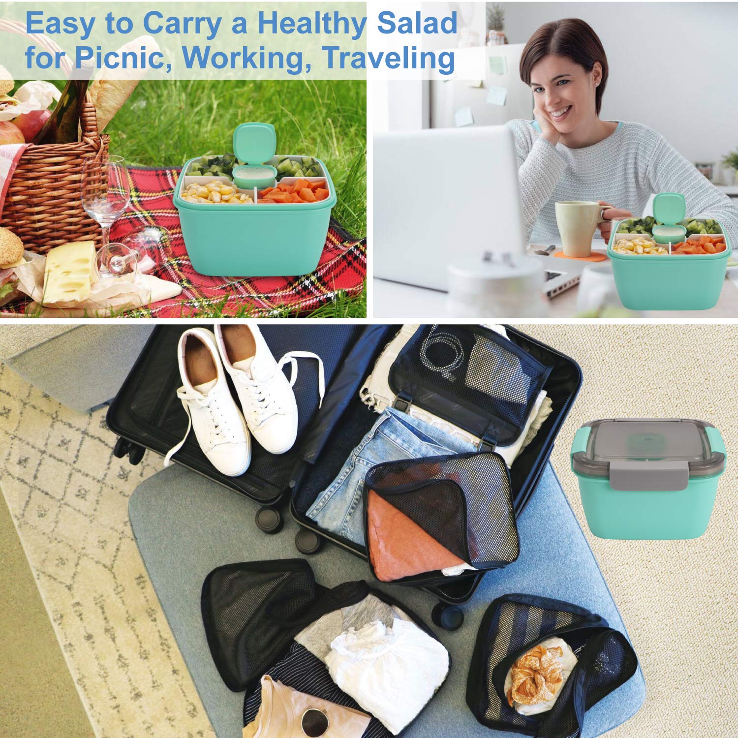 Freshmage 52-oz BPA-Free Leakproof Lunch Container with 3 Compartments & Dressing Cup - Reusable Salad Bowl for Meal Prep, Office Lunch, Picnics - Perfect for Men & Women (Eco-Friendly Green)