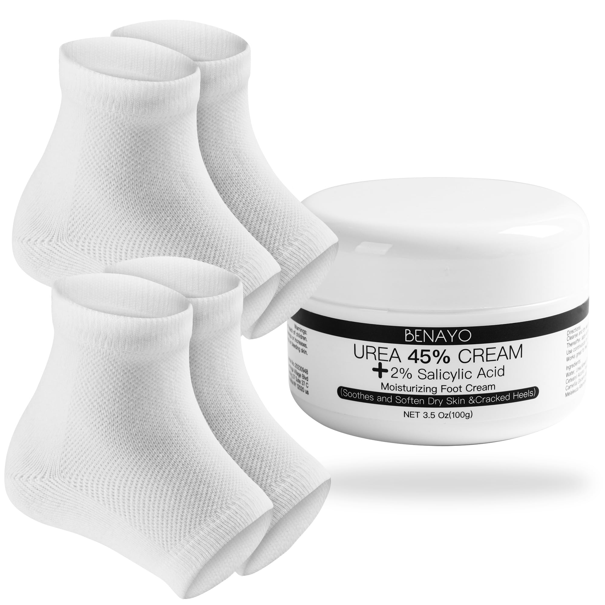 45% Urea & 2% Salicylic Acid Foot Cream for Dry Cracked Heels Repair - Moisturizing Foot Care Kit with Reusable Gel Socks - Perfect Gift for Women with Cracked Feet - Ideal for Night Treatment & Daily Foot Care (White)