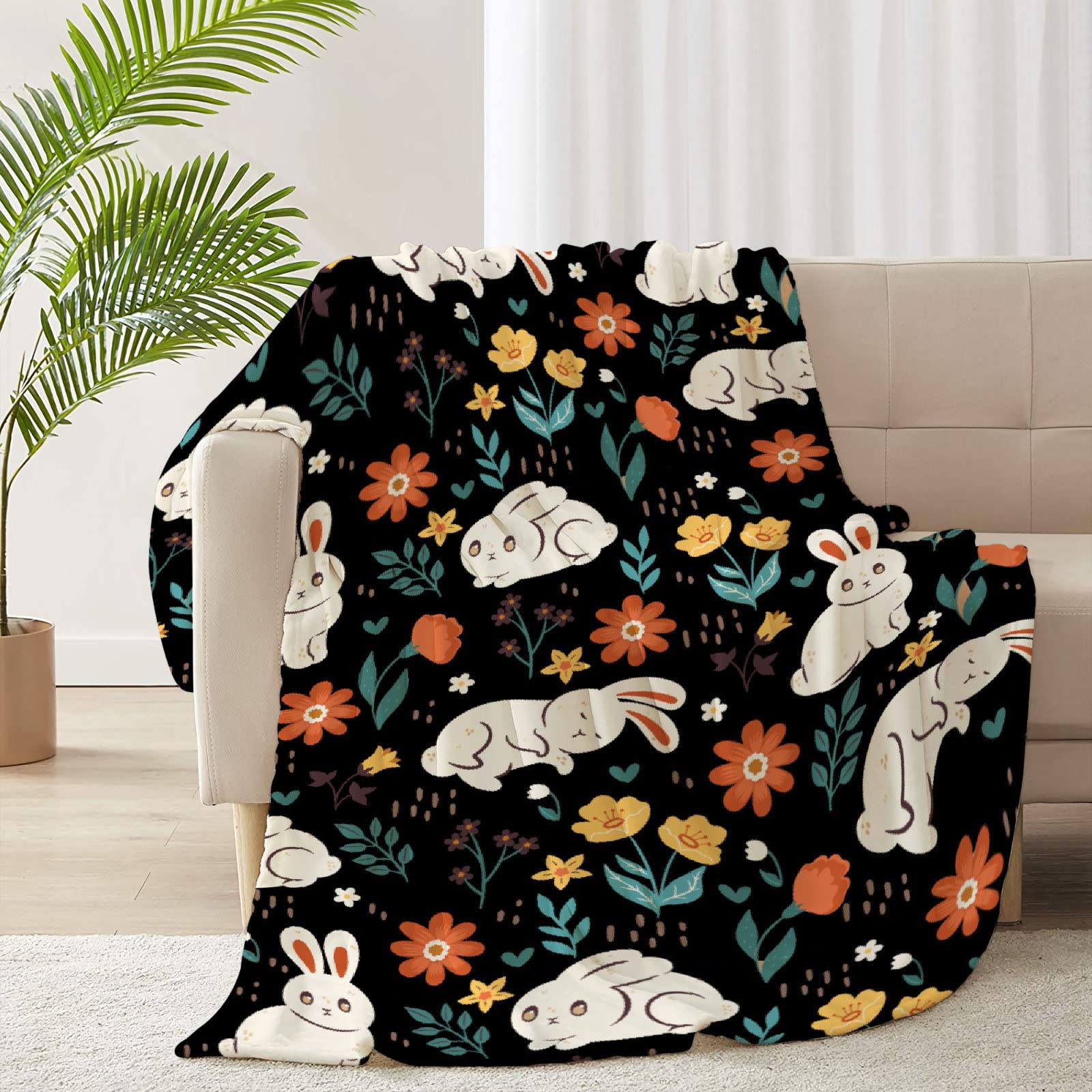 Soft Cozy Fleece Bunny & Flower Throw Blanket for Women & Girls - Extra Large 120x90 Inch (Overking) All-Season Blanket for Bed, Couch, Chair - Perfect for Family Movie Nights, Nursery Decor & Gift Giving