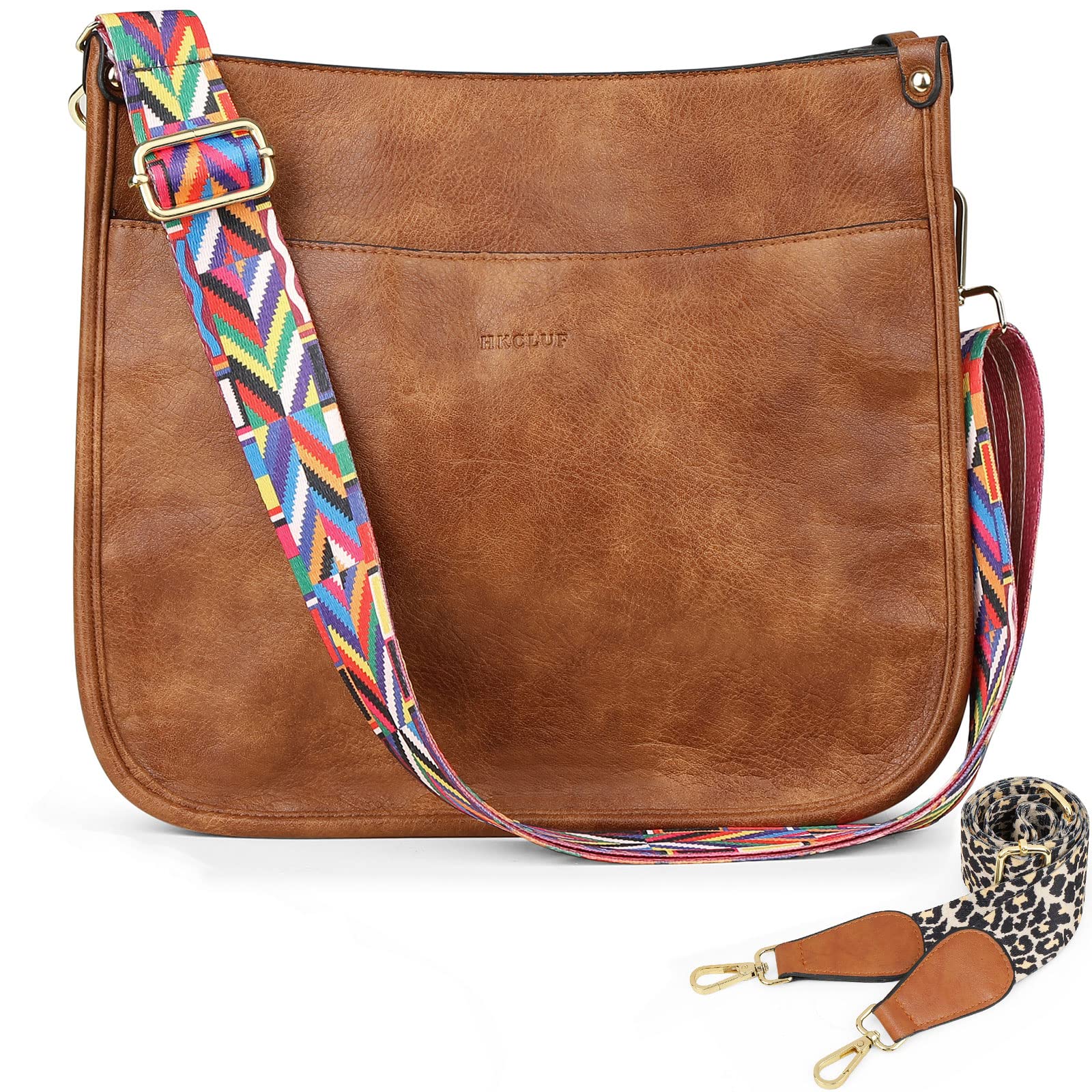 HKCLUF Women's Crossbody Bag - Genuine Leather Hobo Handbag with 2 Adjustable Leopard Print Guitar Straps, Shoulder Bucket Purse for Daily Use, Travel & Shopping