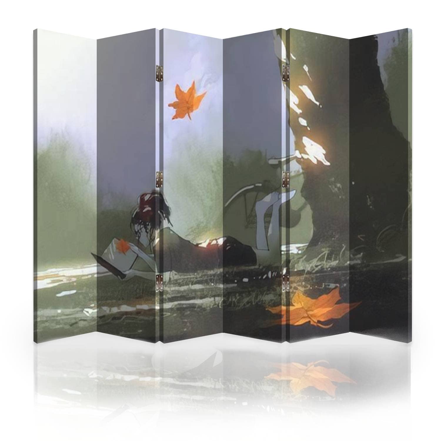 6-Panel Canvas Room Divider Screen - Autumn Landscape with Girl Reading in Park - Folding Privacy Partition for Home, Office & Dorm Rooms | Perfect for Creating Separate Spaces in Living Areas, Bedrooms & Workspaces