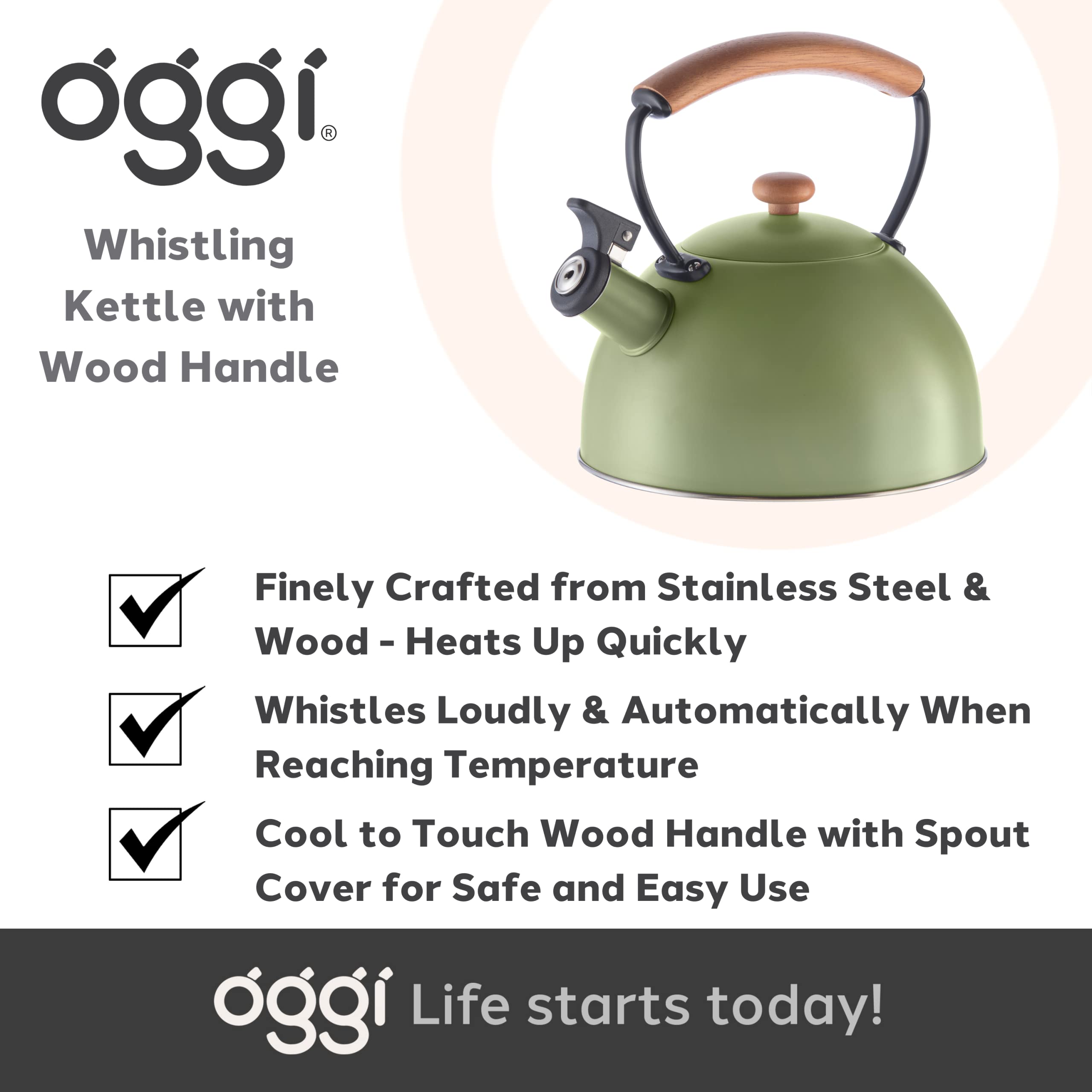 OGGI 2.5L Stainless Steel Tea Kettle with Loud Whistle & Cool-Touch Wood Handle - 85oz Stovetop Water Boiler for Tea, Coffee & Cooking - Perfect for Home, Office & Camping Use
