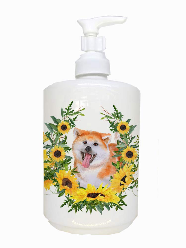 Caroline's Treasures CK2895SOAP Akita in Sunflowers Ceramic Soap Dispenser - Refillable Hand Soap Pump Bottle for Bathroom & Kitchen Sink - Decorative Liquid Soap Container for Farmhouse, Cottage & Rustic Home Decor