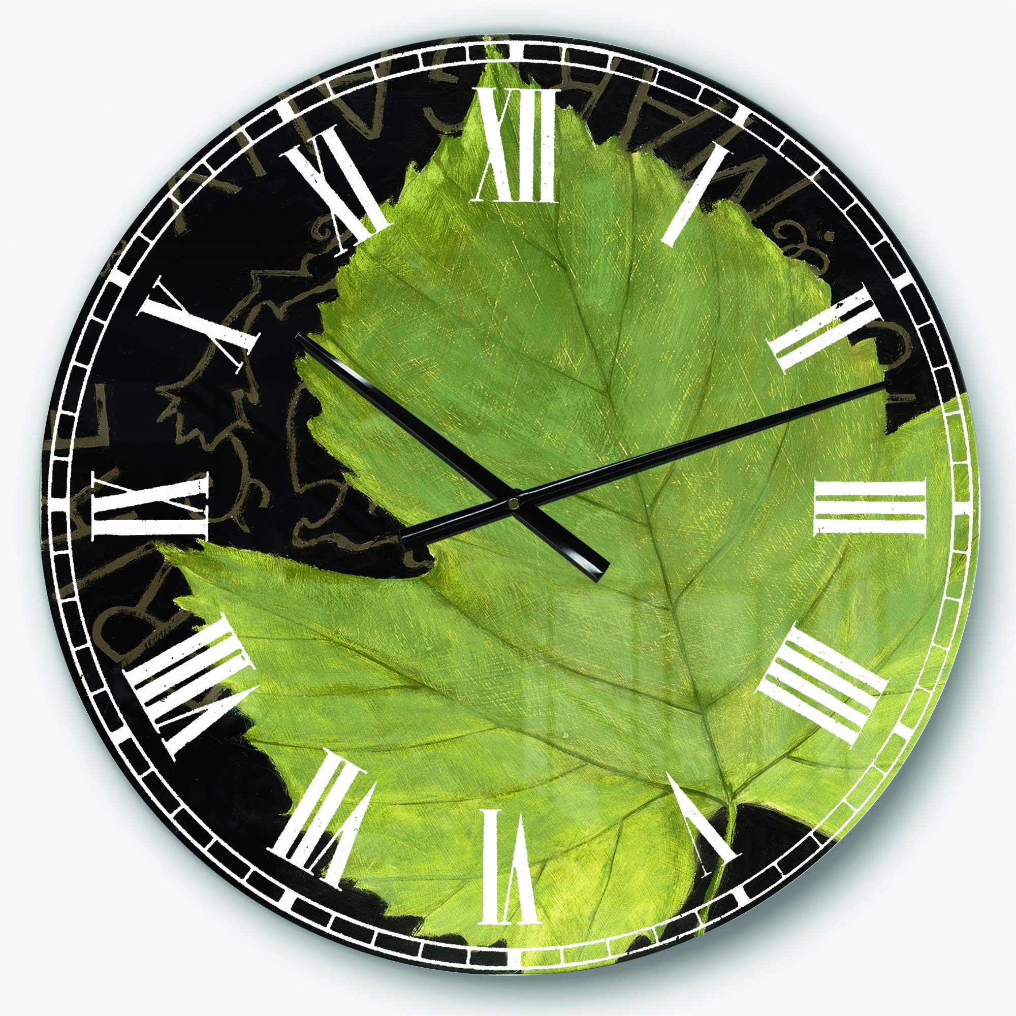 Designart Handpainted Green Leaf on Black Traditional Round Wall Clock - Metal Wall Art Decor for Living Room, Bedroom, Office | Perfect for Home Decor, Wall Accents & Gift Giving