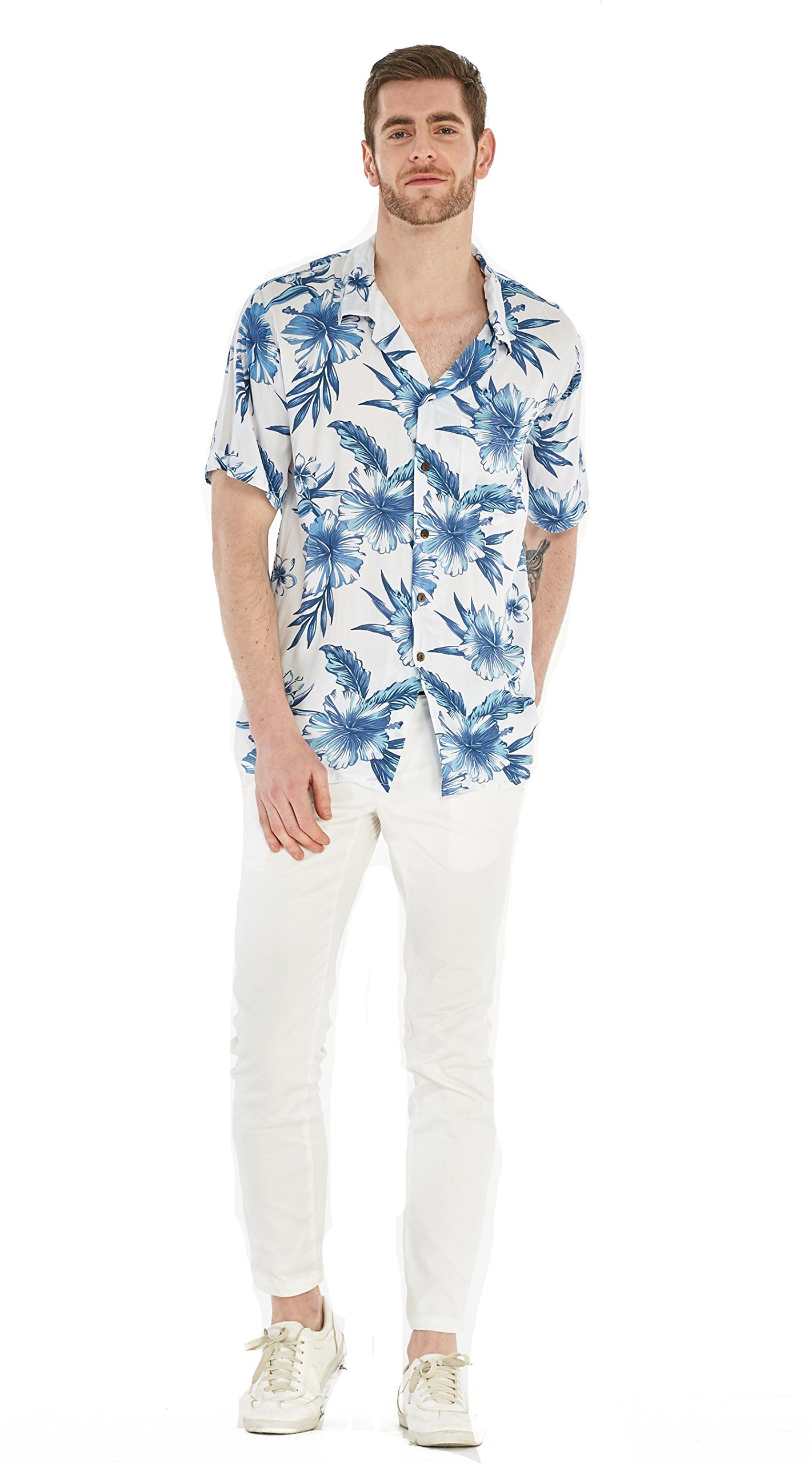 Matching Father Daughter Hawaiian Dance Shirts - Pink & White Hibiscus Vine Print Aloha Outfits for Luau, Hula Dance, and Summer Beach Party