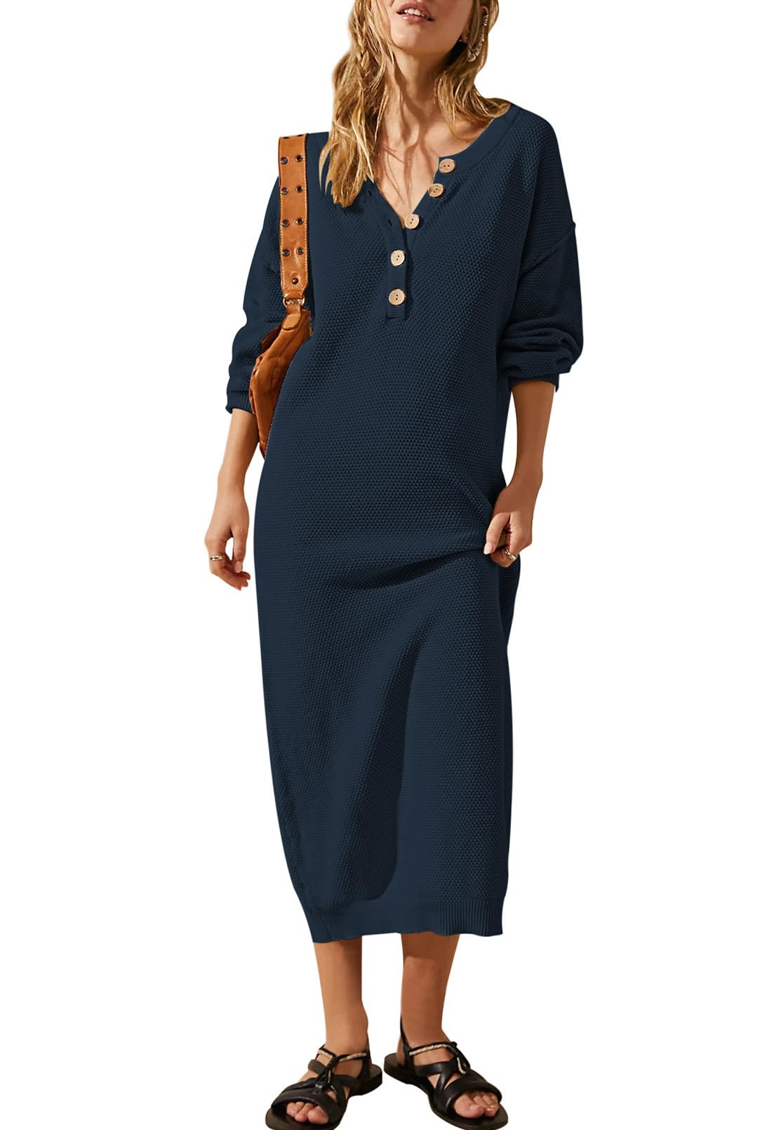 Cutiefox Women's Oversized Waffle Knit Button Down Dress - Long Sleeve V-Neck Batwing Sweater Dress for Fall Winter | Casual Outfit, Layering Piece, Office Wear & Date Night Fashion