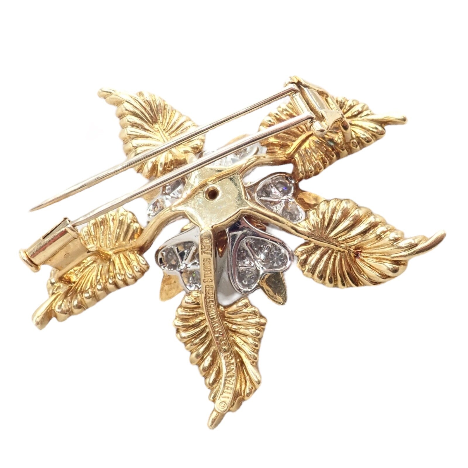 Tiffany & Co Schlumberger 18k Yellow Gold Platinum Diamond 5 Leaf Pin Brooch - Elegant Jewelry for Women, Luxury Gift for Anniversary & Special Occasions
