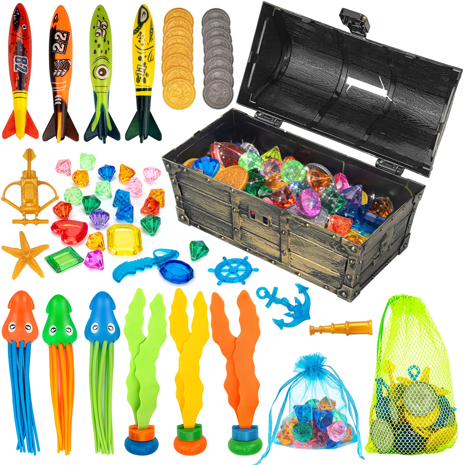**58Pcs FINGUARD Pool Diving Toys Set - Underwater Treasure Chest, Torpedoes, Gems, Seaweeds & Pirate Treasures for Kids 3+ (Bronze) - Perfect for Pool Parties, Beach Fun & Underwater Adventures**