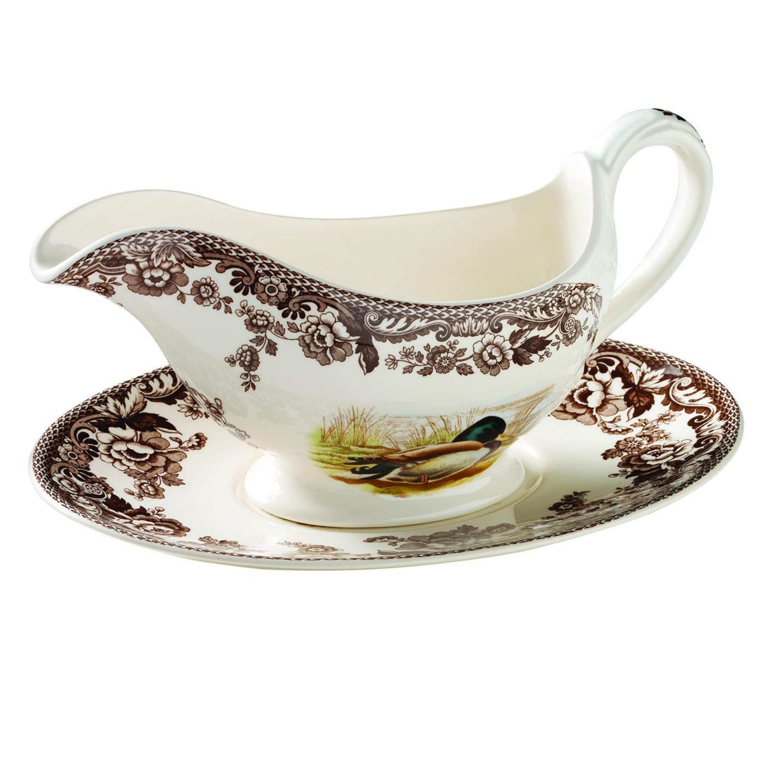 Spode Woodland 11 Oz Porcelain Sauce Boat with Stand - Duck Motif, Microwave & Dishwasher Safe - Perfect for Serving Gravy, Sauces & Dressings - Ideal for Thanksgiving Dinner, Holiday Entertaining & Special Occasions