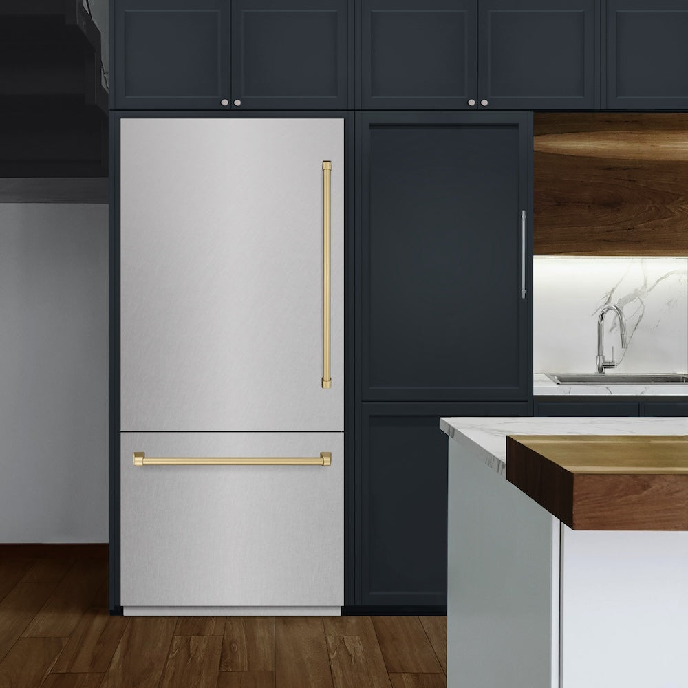 ZLINE Autograph Edition 36 Inch Built-In Bottom Freezer Refrigerator - 19.8 cu.ft Capacity with Water Dispenser & Ice Maker - Satin Stainless Steel with Champagne Bronze Accents (RBITZ SN 36 CB) - Perfect for Modern Kitchens, Open-Concept Homes & Luxury Appliances Collection
