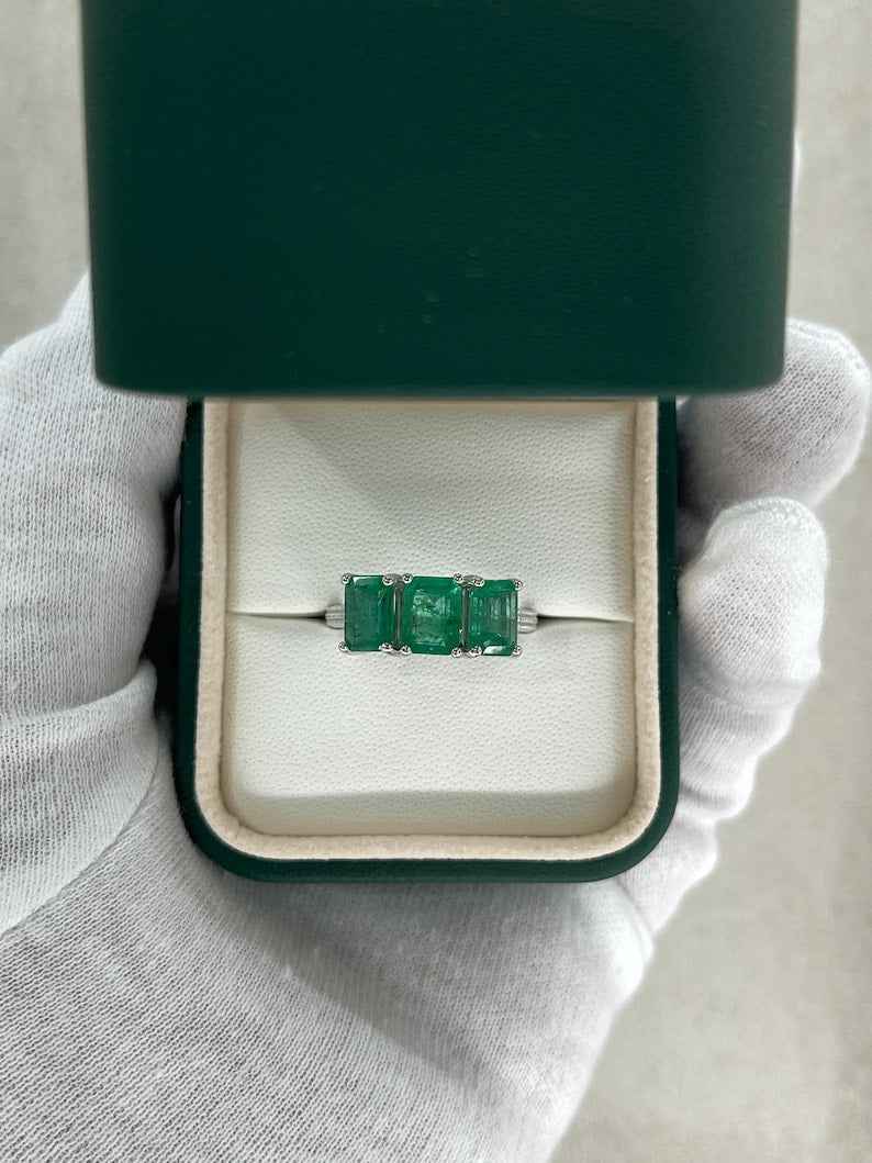 3.25tcw Medium Dark Green Emerald Trilogy Stone Ring in 14K White Gold for Women - Elegant Jewelry Gift for Engagement, Wedding & Special Occasions