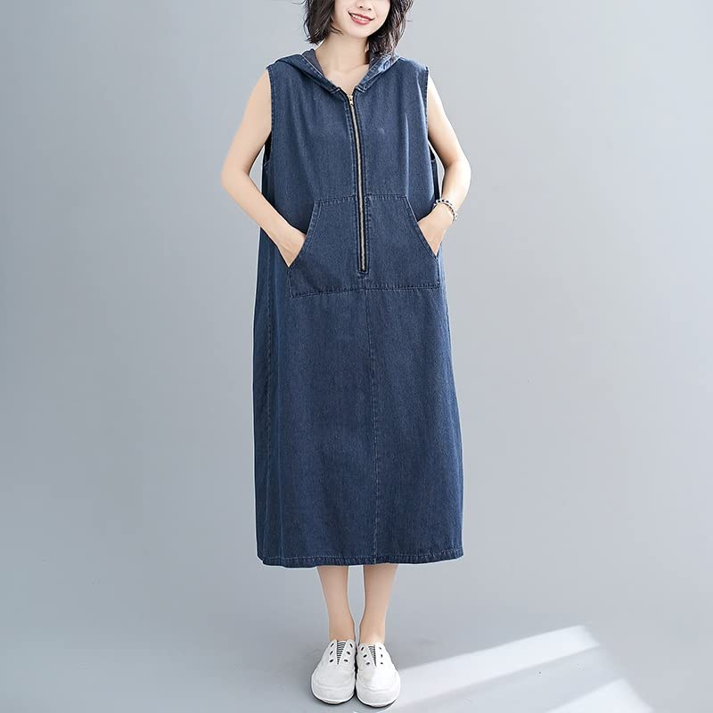 Women's Hooded Denim Dress with Front Pockets - Casual Loose Fit Zip-Up Denim Cotton Dress for Everyday Wear (Color: A, Size: L) | Perfect for Street Style, Weekend Outings & Casual Fashion