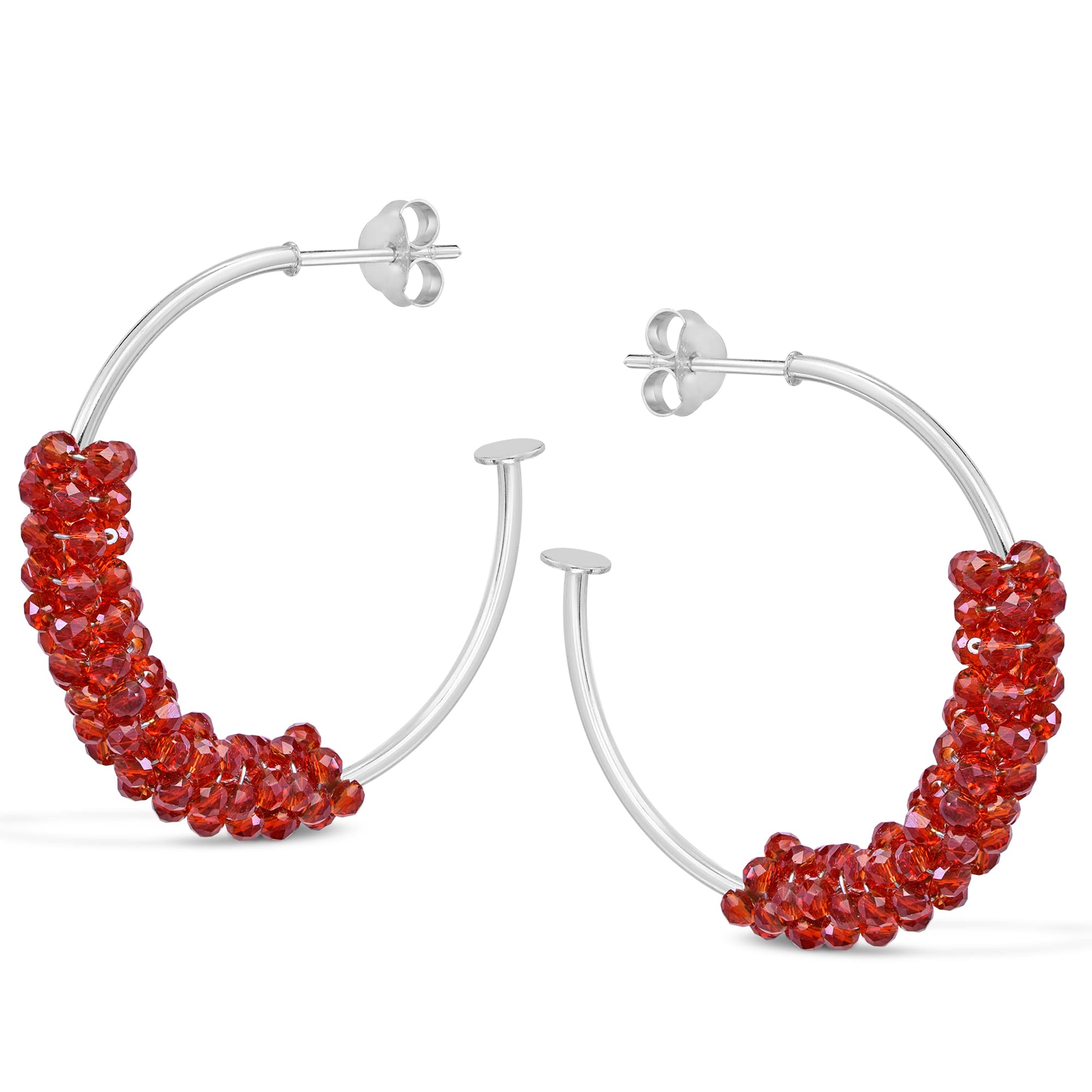 Boho Sparkle Bright Red Crystal Beads Sterling Silver Open Hoop Earrings for Women - .925 Silver Fashion Jewelry, Elegant Dangle Earrings for Party, Wedding & Everyday Wear