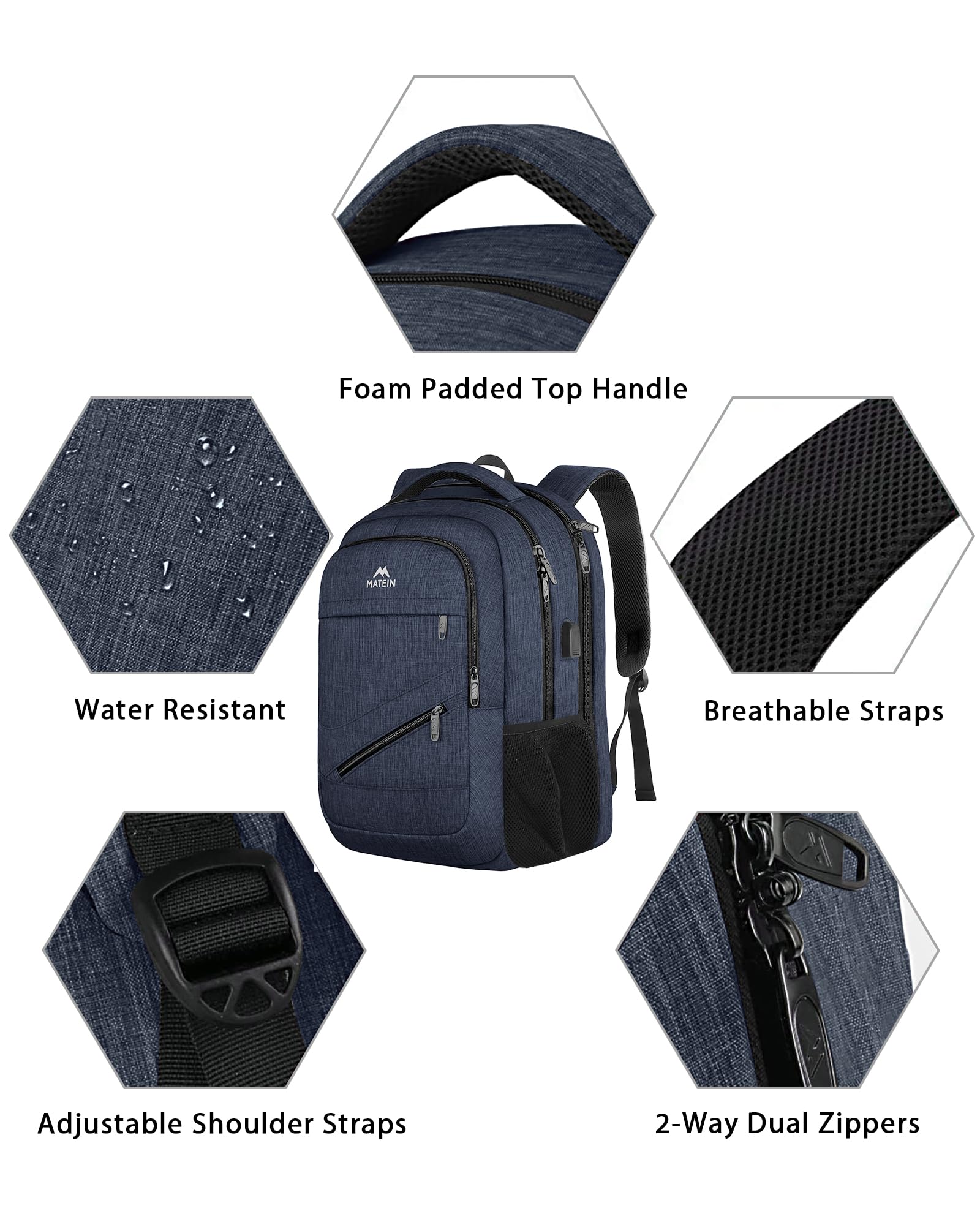 MATEIN Extra Large Laptop Backpack for Men & Women - 18.4 Inch USB Charging Port Travel Backpack, Waterproof Business Bag with Trolley Sleeve & Flight Approved Carry On - Perfect for Work Commute, College Campus & Air Travel (Dark Blue)