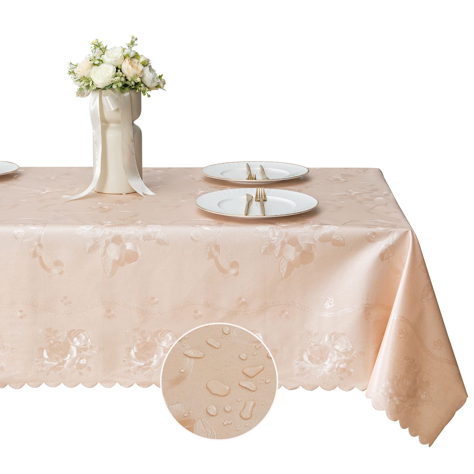 Premium Waterproof Jacquard Tablecloth 60x84 Inch - Elegant Beige Floral Design for Rectangle Dining Tables, 6 Foot Kitchen Table Cover | Perfect for Parties, Holidays & Everyday Use