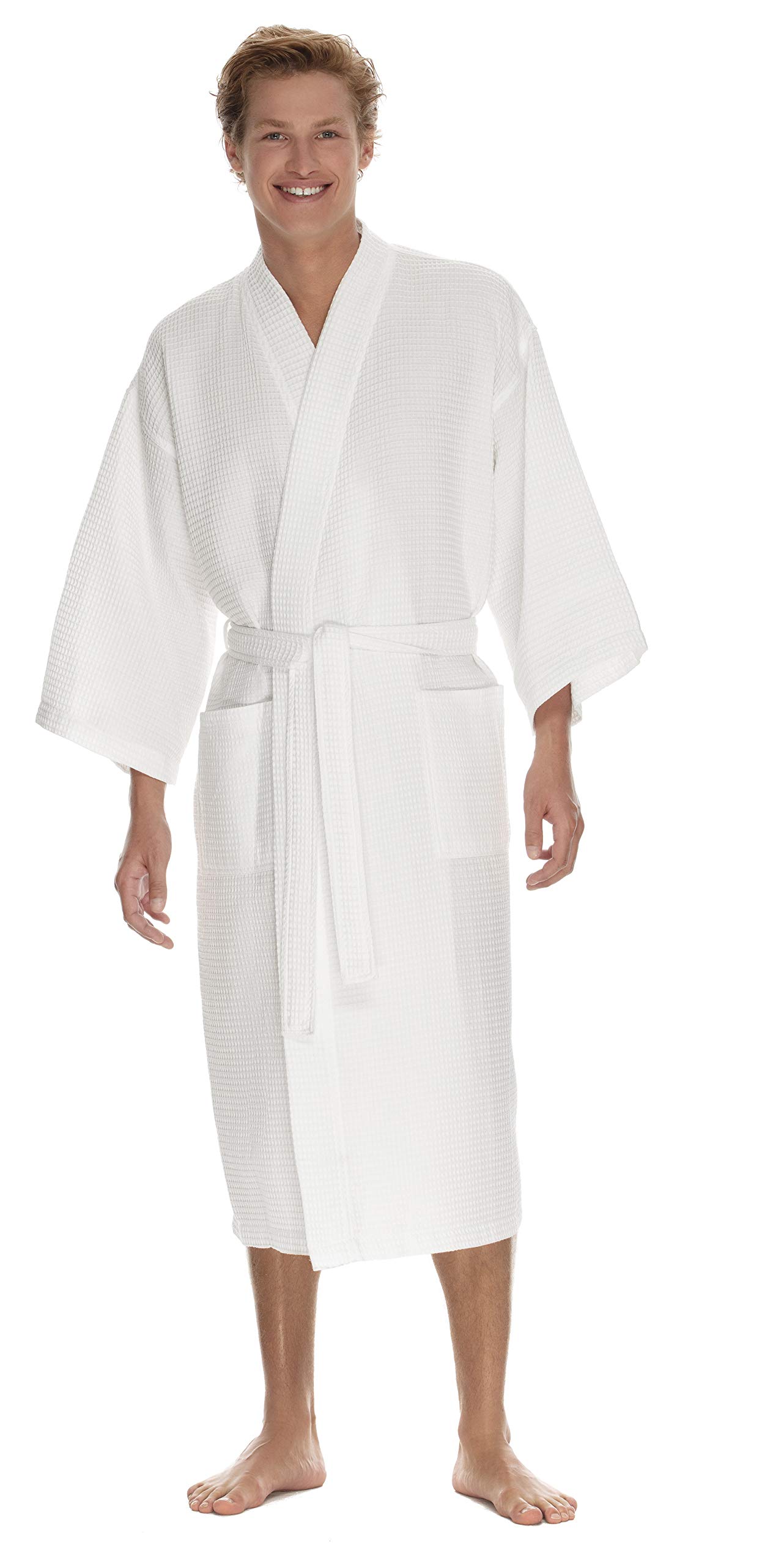 BOCA TERRY Men's Waffle Knit Spa Robe - Lightweight Long Cotton Kimono Bathrobe for Hotel & Home Use - Soft Lounge Robe for Relaxation, Spa Days & Cozy Evenings
