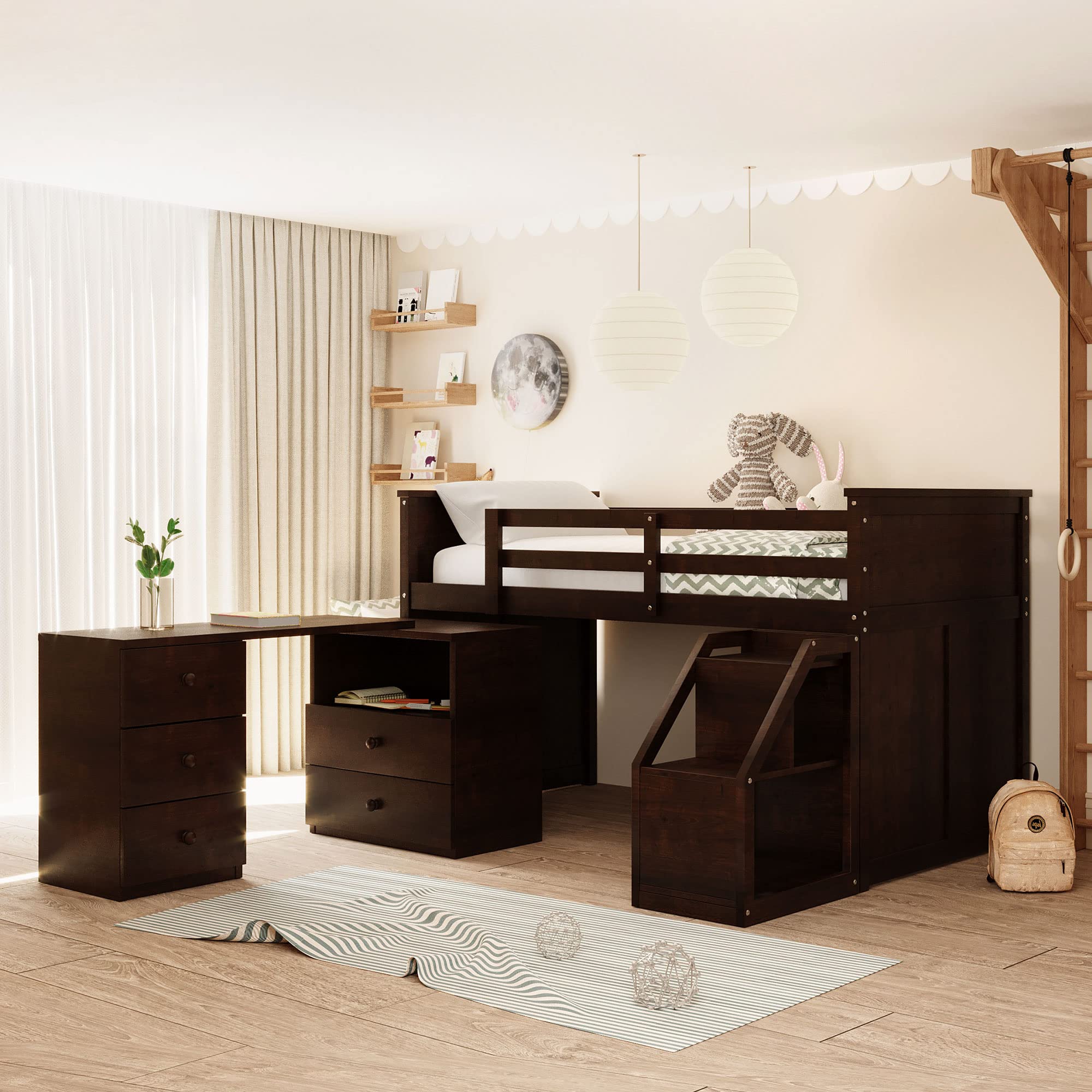 Twin Size Wooden Loft Bed with Storage Steps & Portable Desk - Low Study Loft Bed Frame for Teens & Small Spaces - Espresso & Natural Wood Finish - Perfect for Dorm Rooms, Kids Bedrooms & Studio Apartments