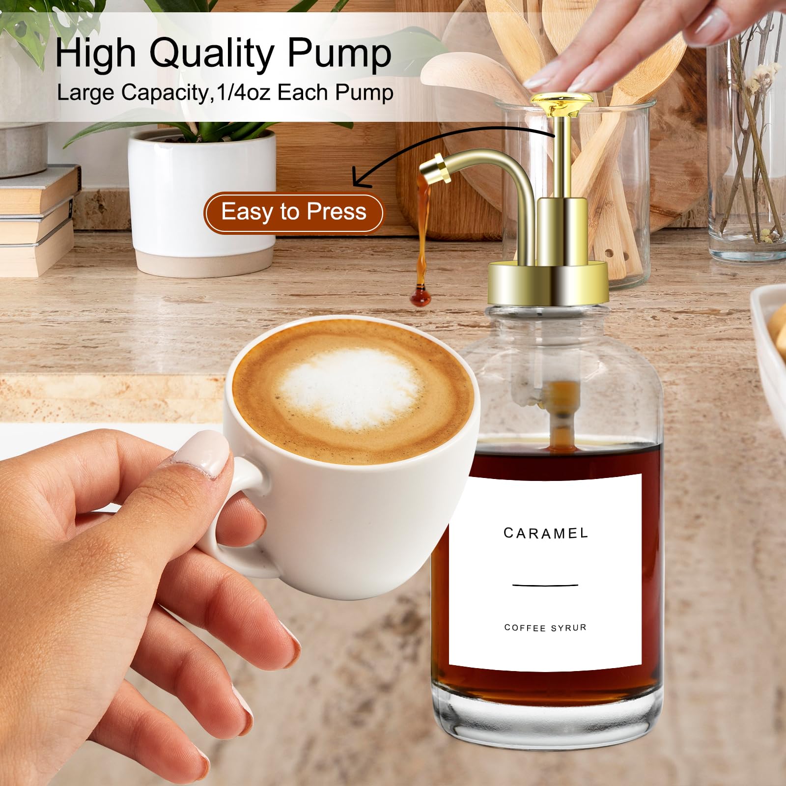 2-Pack 16.9 oz (500ml) Glass Coffee Syrup Dispenser Bottles with Gold Pump - Includes 36 Labels & Bamboo Tray - Perfect for Coffee Shops, Home Bars & DIY Beverage Stations