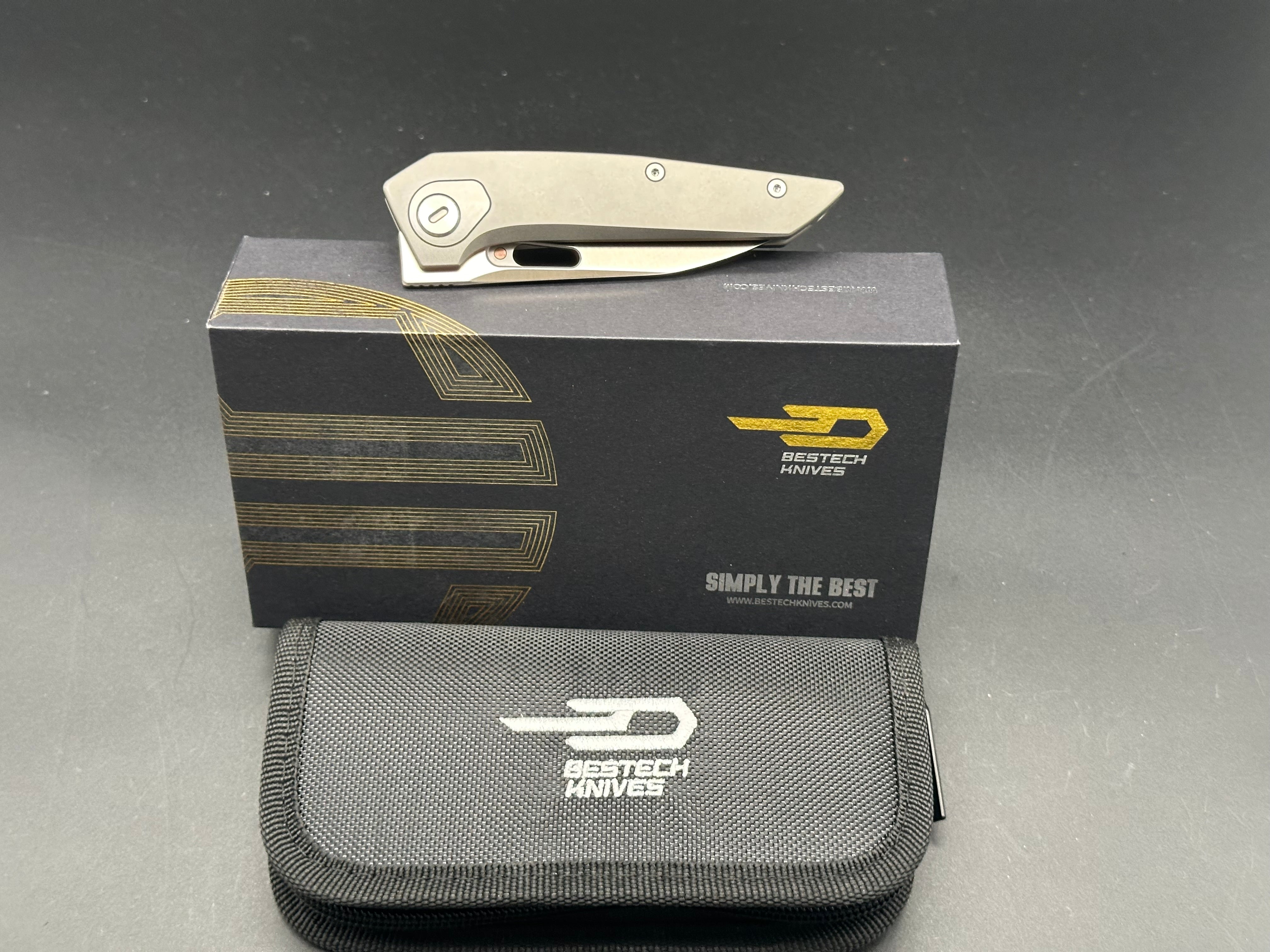 BESTECH VK VOID Folding Knife - White Bead Blast/Stonewash Titanium Handle, ELMAX Plain Edge Satin Finish BT2305A - EDC Pocket Knife for Camping, Hiking & Outdoor Survival