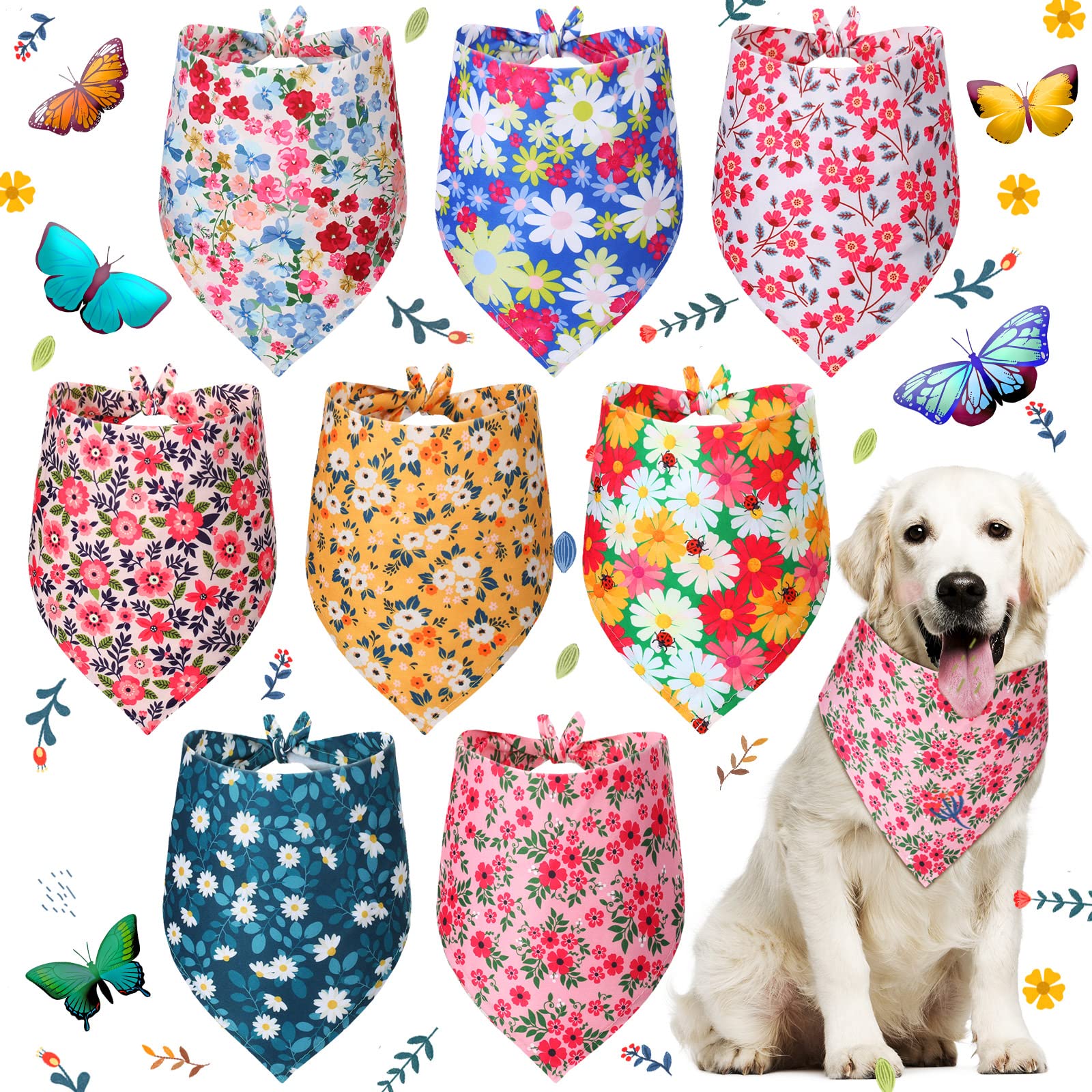 8 Pieces Reversible Dog Bandanas - Floral Print Triangle Bibs & Scarf Accessories for Dogs, Cats & Pets - Perfect for Holidays, Birthdays & Outdoor Adventures