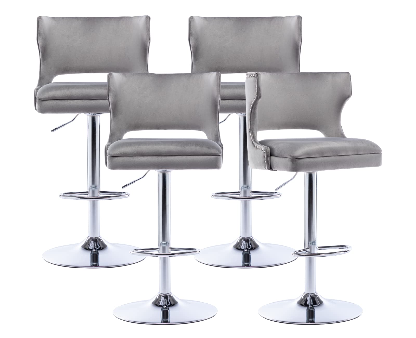 Shunzhi 4-Piece Modern Velvet Swivel Bar Stools Set - Upholstered Comfy Nail Trim Curved Back Counter Stools with Chrome Base for Kitchen Island, Coffee Bar & Home Pub - Perfect for Dining, Entertaining & Small Spaces (Grey)