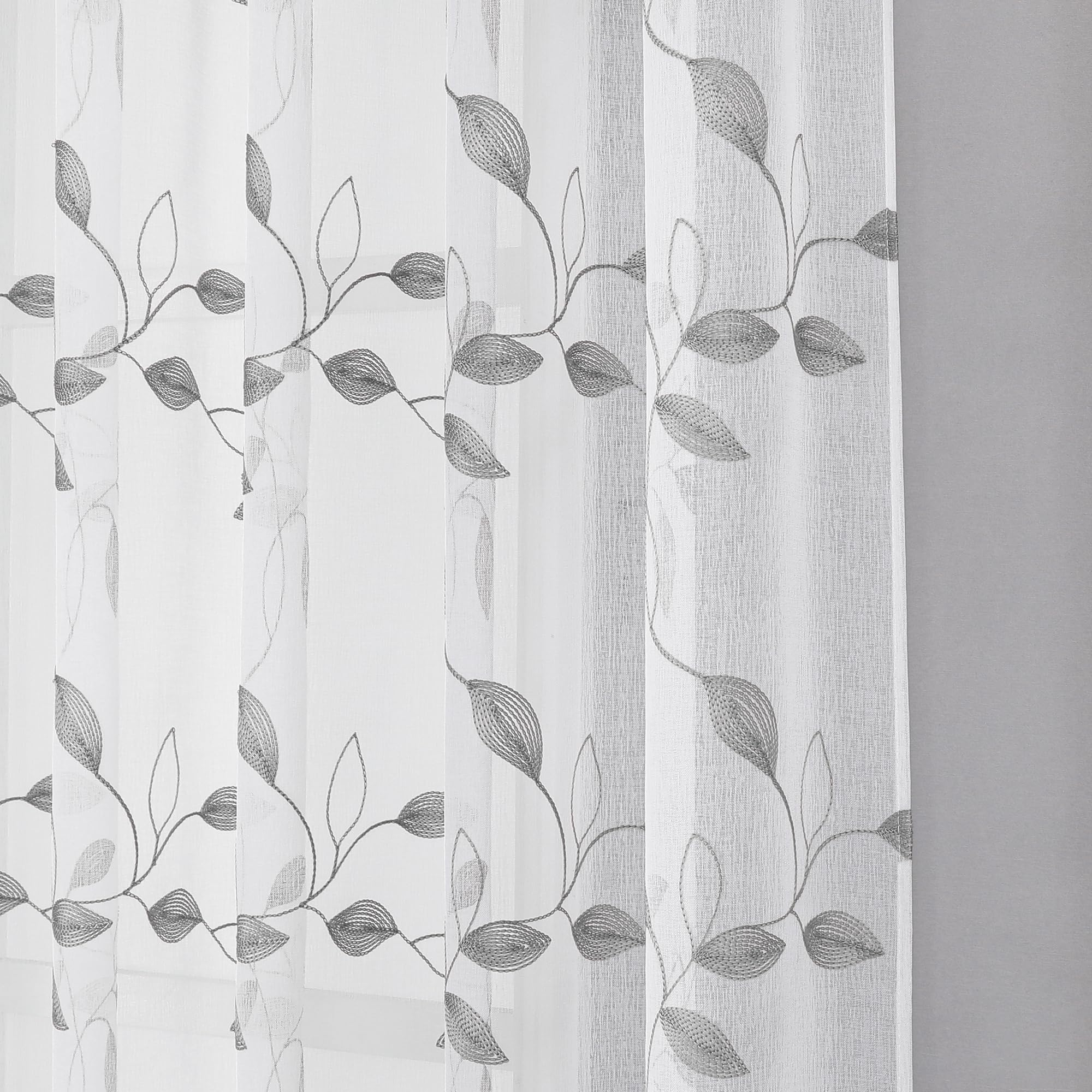 Grey Leaf Sheer Tier Curtains - Embroidered Voile Kitchen & Bathroom Window Panels with Rod Pocket, 30 x 24 Inches, Set of 2 - Perfect for Home, Cafe, and Office Decor