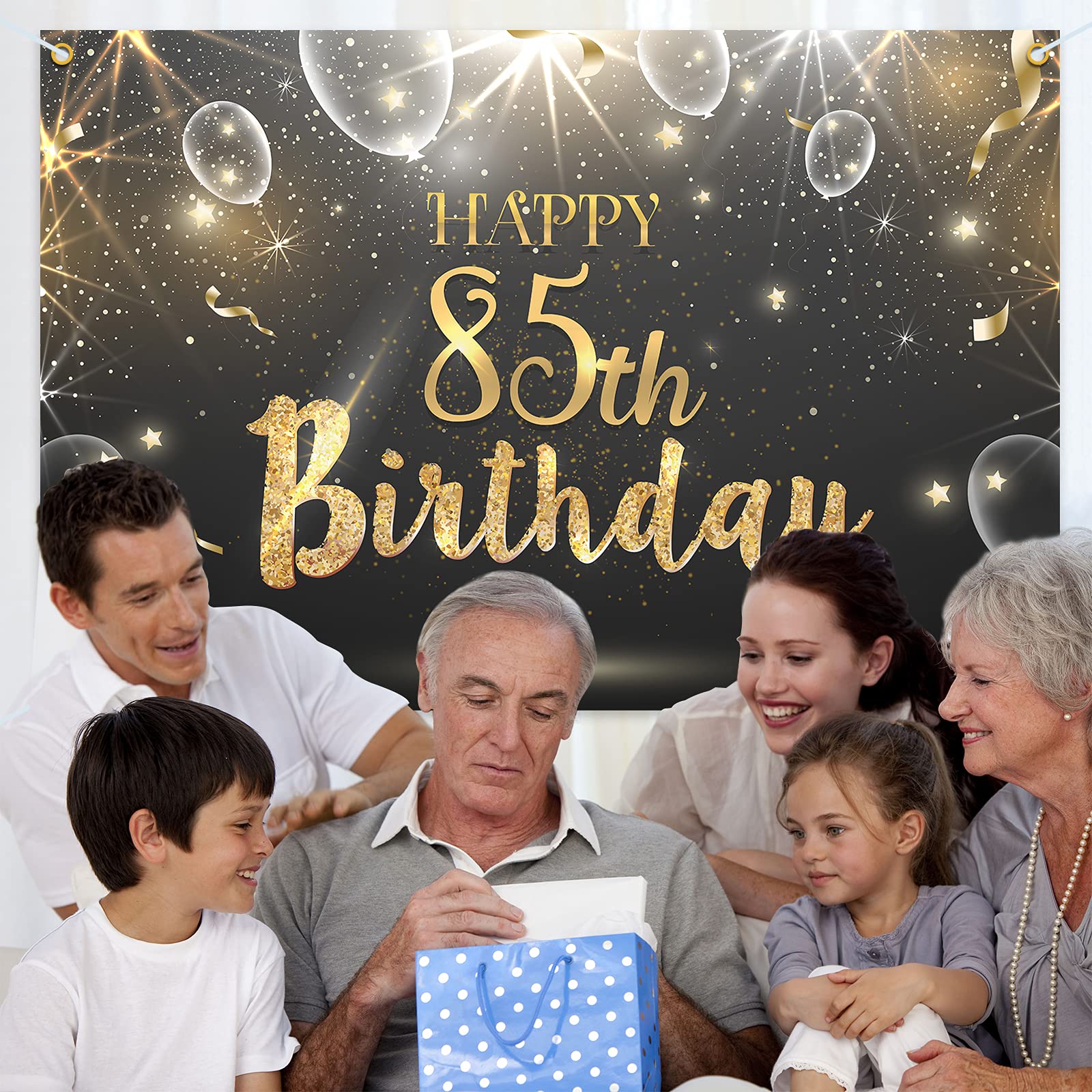 Happy 85th Birthday Glitter Banner - 6x4ft Shining Black Gold Backdrop for Women & Men | 85th Birthday Party Decorations | Perfect for Milestone Celebrations, Anniversaries & Photo Booths