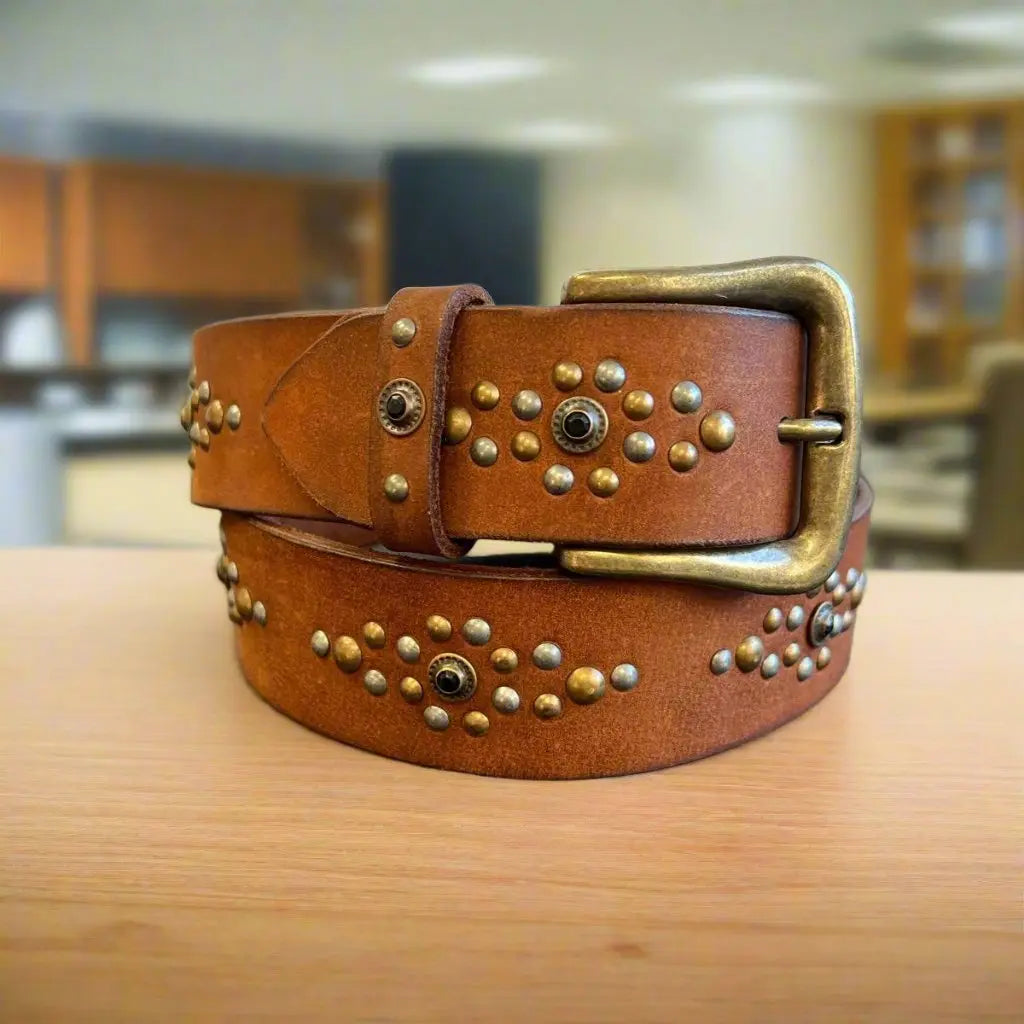 Stylish Women's Full Grain Leather Belt with Ornamental Stud Design - Perfect for Casual Outfits, Office Wear & Jeans