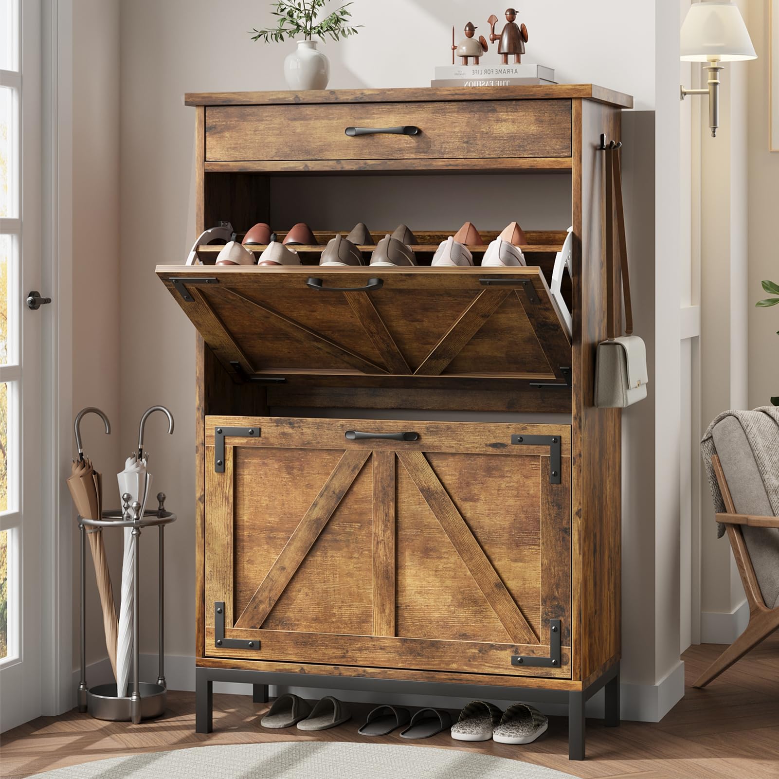 Farmhouse Style Shoe Storage Cabinet - Narrow Entryway Shoe Organizer with 2 Flip Drawers, Free Standing Slim Shoe Rack for Foyer & Hallway (Brown) - Perfect for Small Spaces & Home Organization