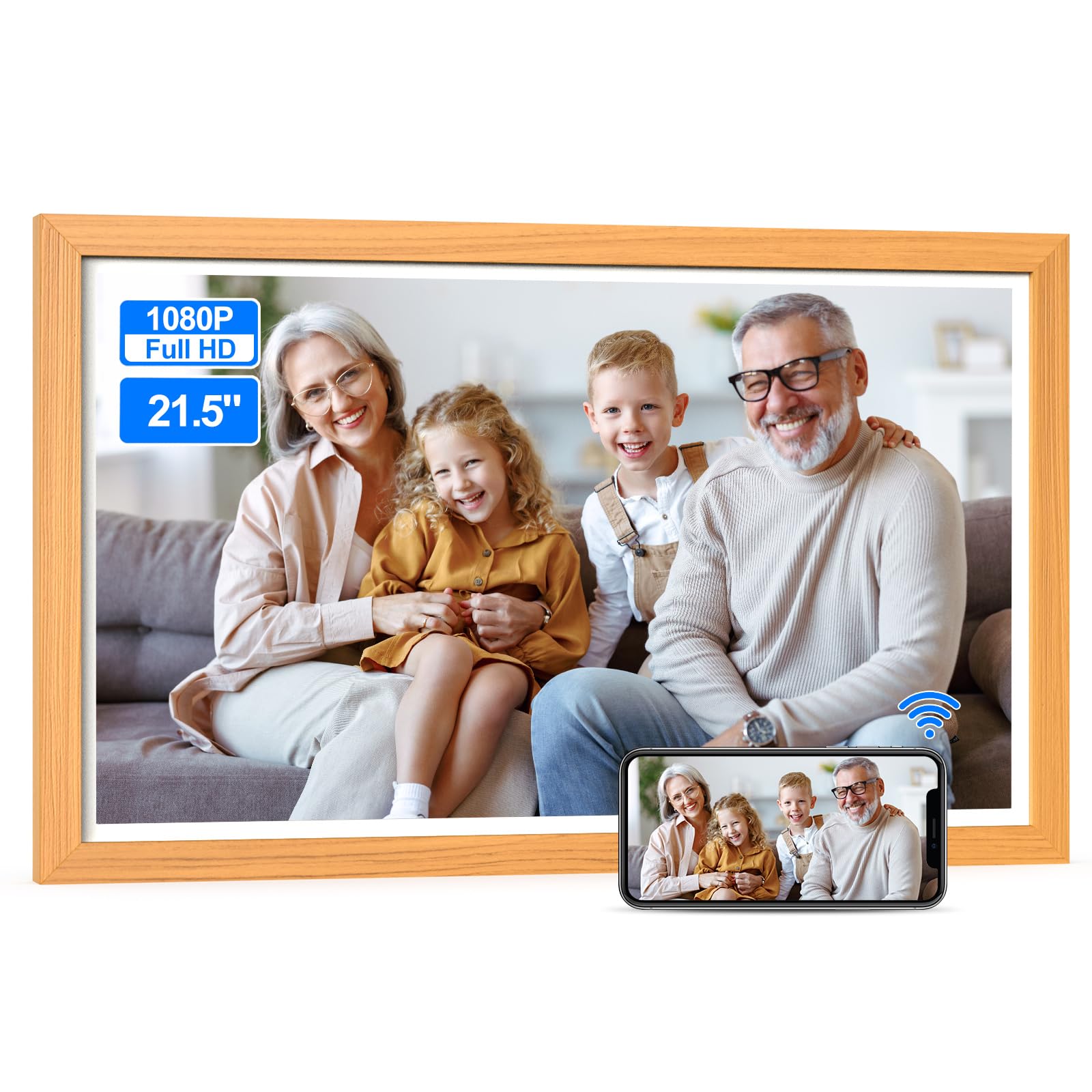 21.5-inch Smart Digital Picture Frame with 1920x1080 IPS Screen - Wireless Photo Sharing via App, Phone Mirroring, Perfect Gift for Family (Wood Effect) - Display Memories in Living Room, Bedroom or Office