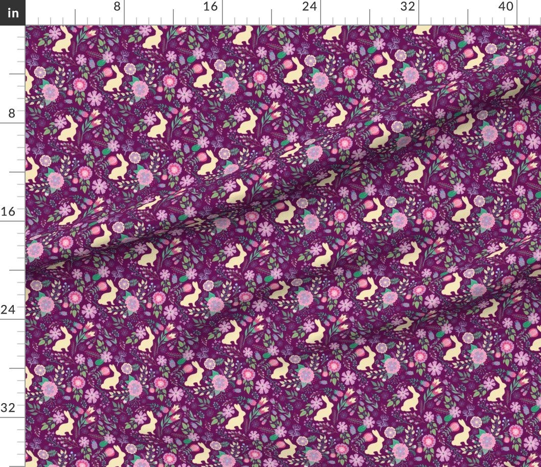 Easter Bunnies Raspberry Spring Floral Wine Bunny Rabbit Flowers Printed on Petal Signature Cotton Fabric by The Yard - Premium Spoonflower Fabric for Sewing, Quilting, Apparel, Crafts & Home Decor - Perfect for Easter Decorations, Spring Dresses & DIY Projects