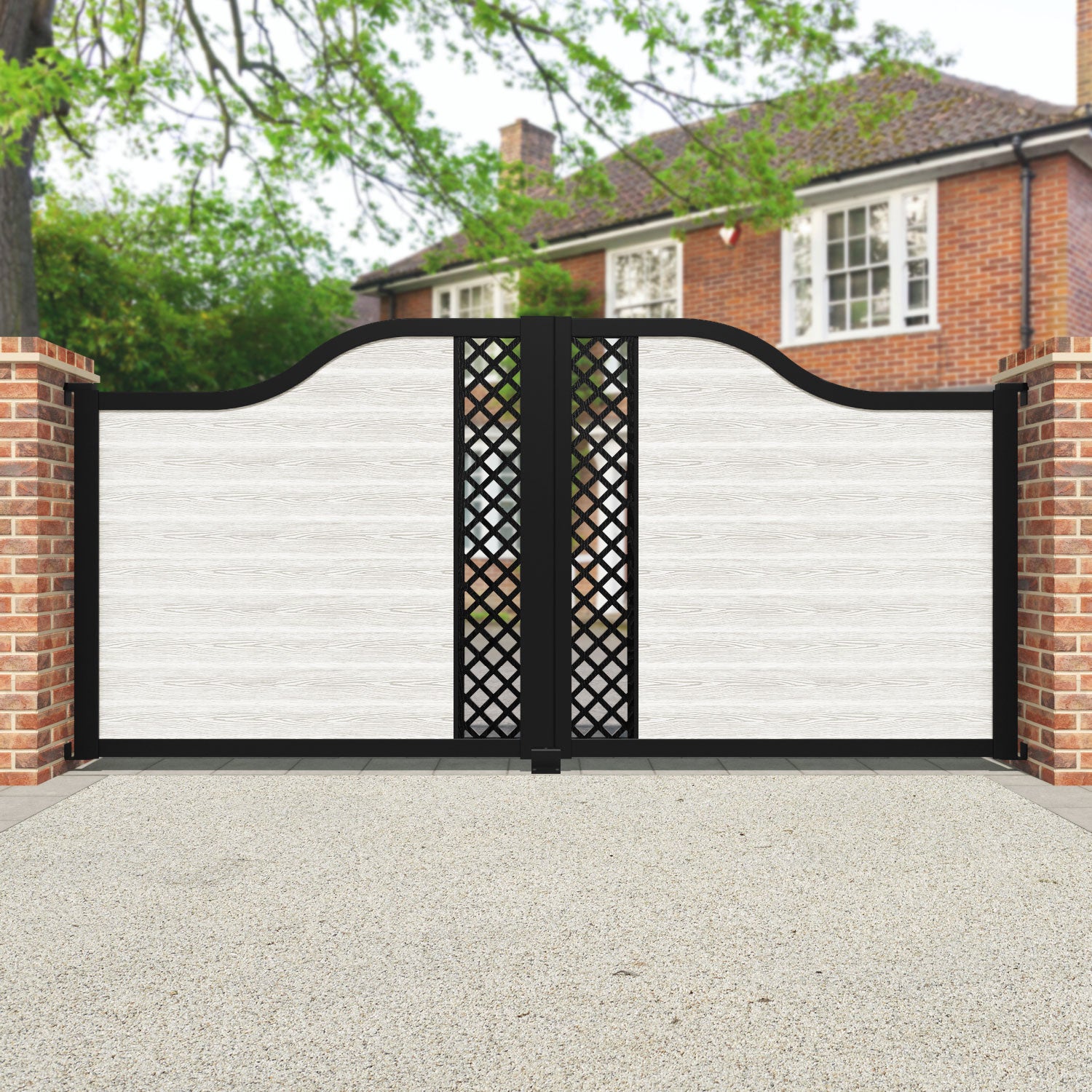 Classic Hive Curved Top Driveway Gate - Light Stone Color with Middle Screen Design | Elegant & Durable Entryway Solution for Homes, Gardens & Commercial Properties