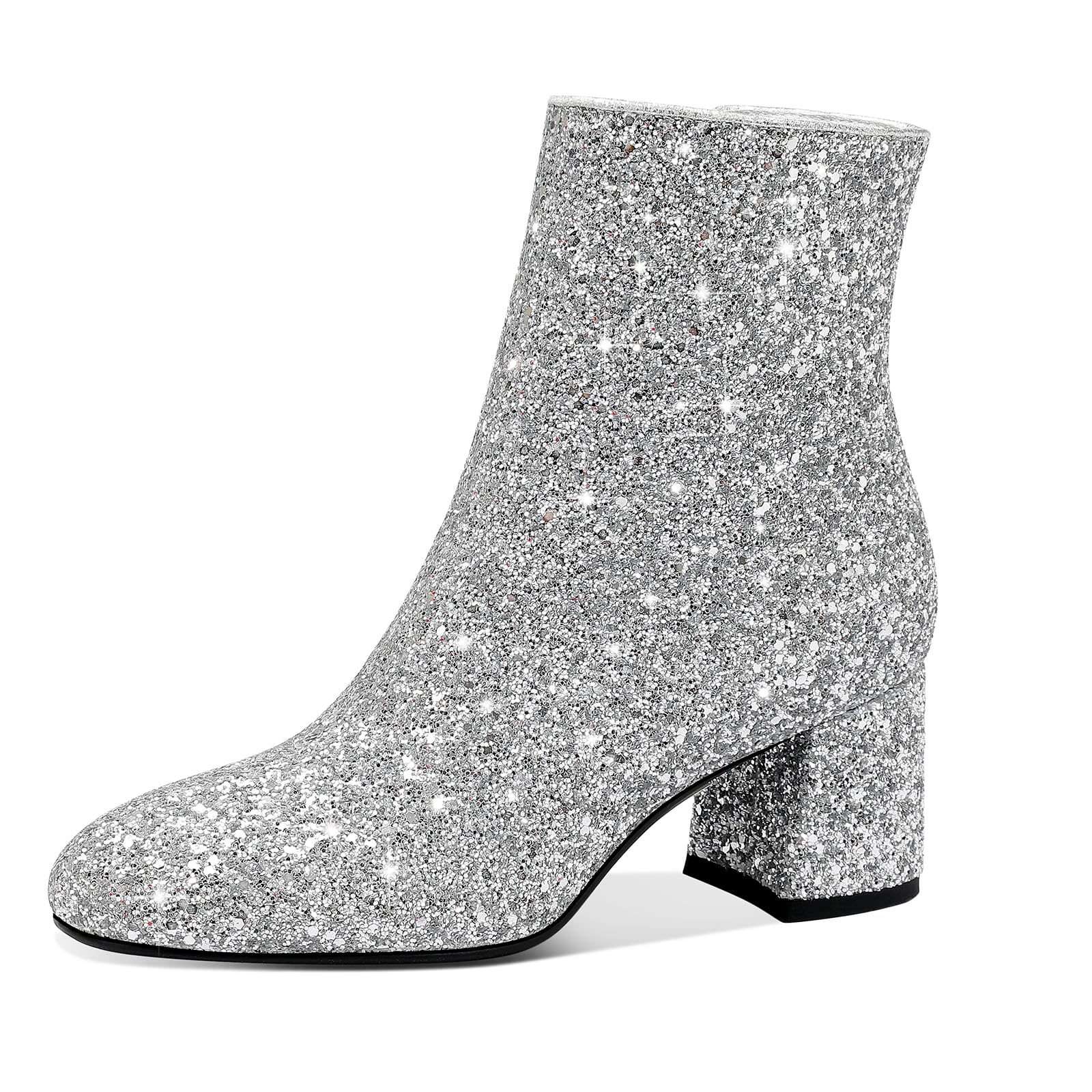 Sparkly Women's Sequin Ankle Boots with Chunky Low Heel & Side Zipper - Perfect for Weddings, Parties & Night Out Outfits