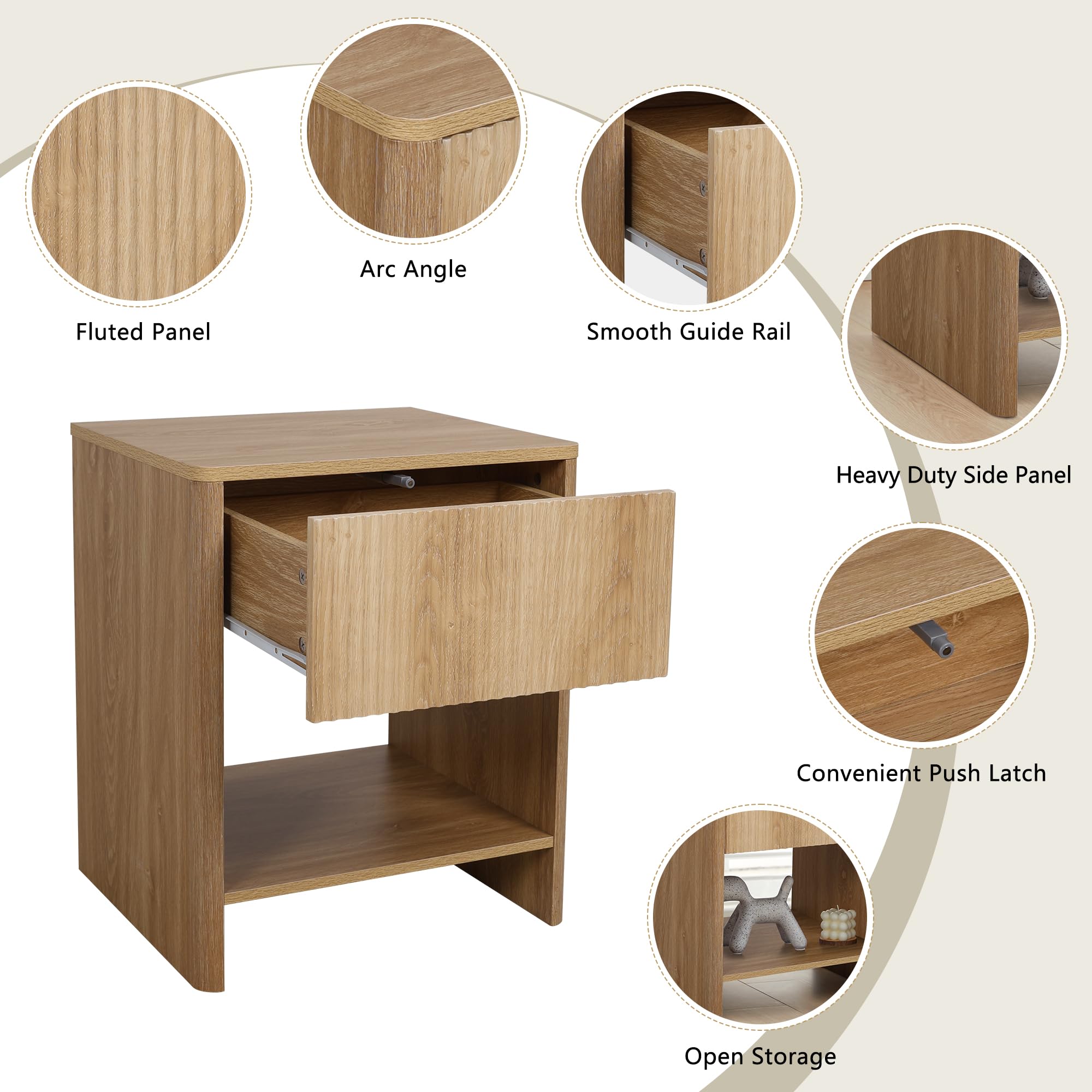 Modern Boho Nightstand Set of 2 with Drawer - Wood Fluted Cabinet Bedside Tables with Storage for Small Spaces - Perfect for Bedroom, Living Room & Apartment Decor