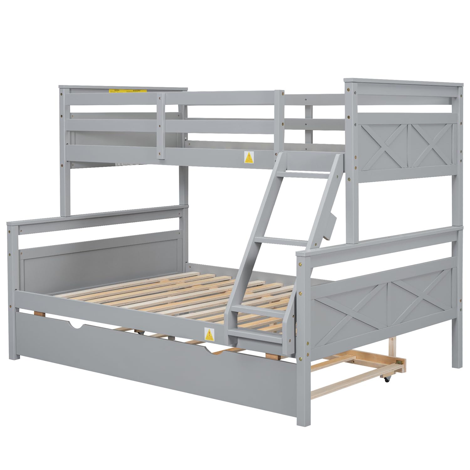 Merax Twin Over Full Wood Bunk Bed with Trundle - Solid Wood Frame, Guardrail & Ladder - Space-Saving Grey Bunk Bed for Kids, Teens & Guest Rooms - Perfect for Small Bedrooms, Vacation Homes & Shared Spaces