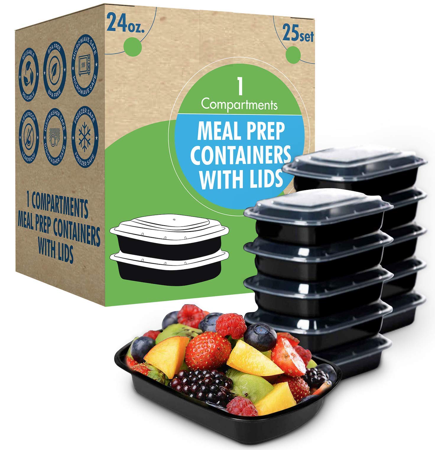 25-Pack Reusable Meal Prep Containers with Lids - 24oz Stackable Food Storage Containers | Microwave, Dishwasher & Freezer Safe Bento Boxes for Portion Control - Perfect for Meal Planning, Office Lunches & Healthy Eating