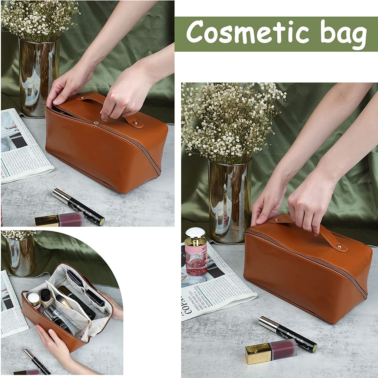 Bajajbeautyshop 12cm Large Capacity Leather Makeup Travel Bag for Women - Portable Cosmetic Organizer with Handle & Divider, Wide Opening Design - Perfect for Travel, Gym, Work & Daily Use