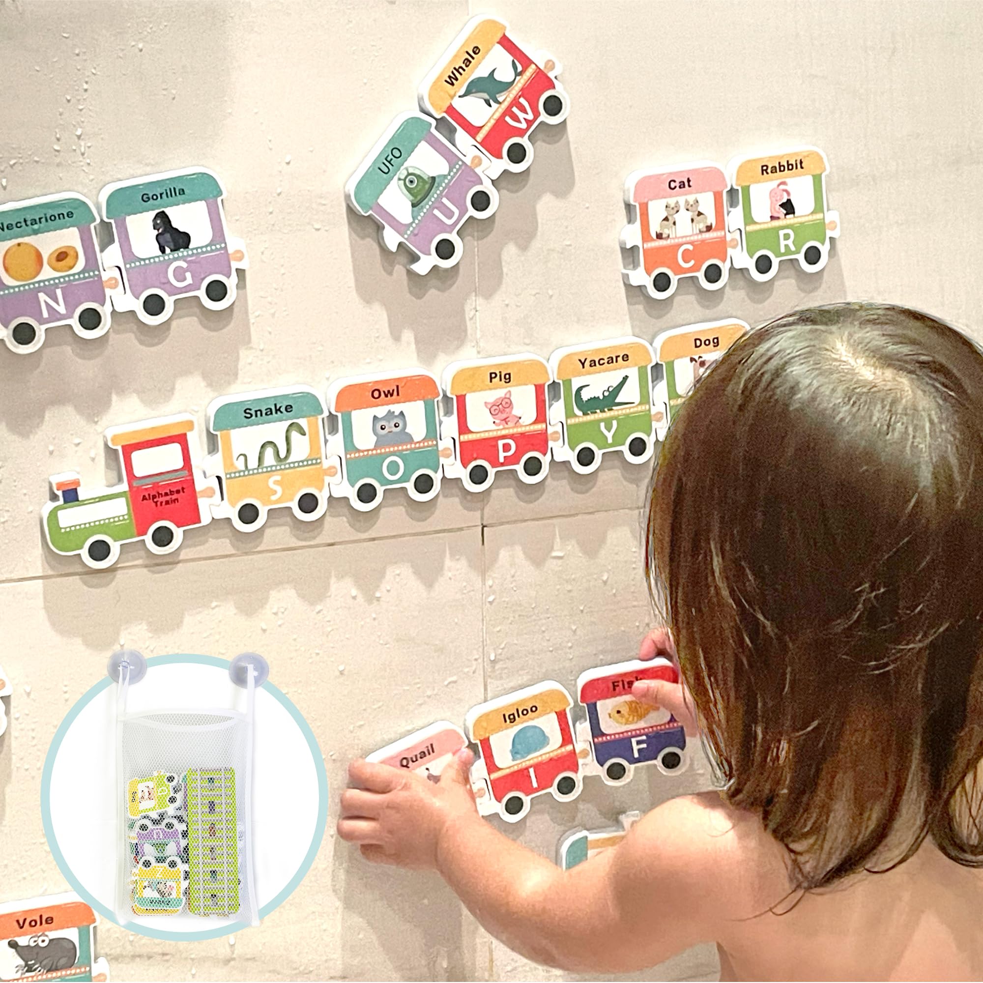 **Alphabet Learning Toys for Kids - 26 Train Letters & Mesh Organizer, Toddler Bath Toys for Boys & Girls, Preschool Educational Bathing Toys for Home & Travel**