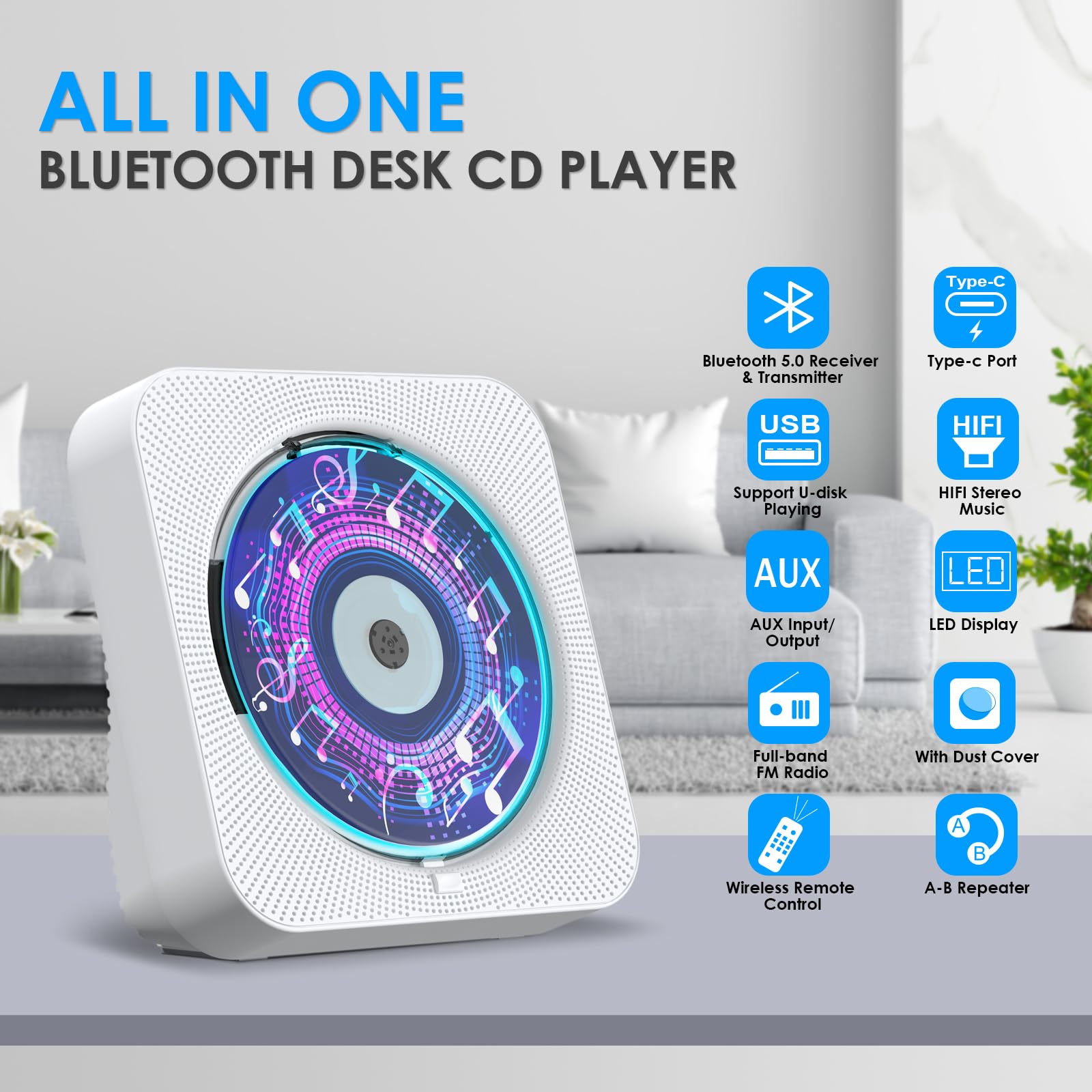 Portable Bluetooth CD Player with Built-in Speakers, FM Radio, Remote Control, LED Display & Timer - Supports AUX/USB/TF Card Playback - Perfect for Home, Office, or Car Audio Entertainment