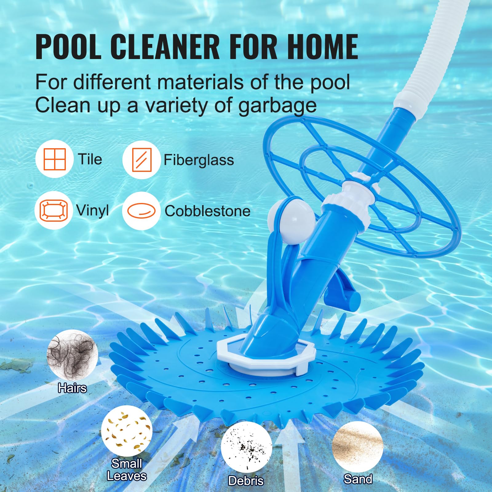VEVOR Automatic Suction Pool Cleaner - Low Noise Robotic Vacuum with Extra Diaphragm, 10 x 32 in Hoses & 36-Fin Disc - Ideal for Above Ground & Inground Pools - Perfect for Backyard, Vacation Homes & Commercial Use
