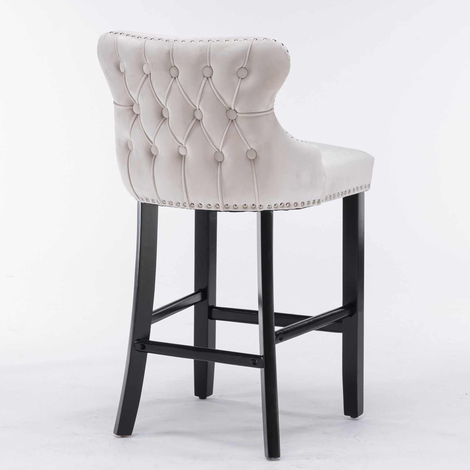 Contemporary Velvet Upholstered Wingback Bar Stools - Set of 4 Beige Bar Chairs with Button Tufted Design, Wooden Legs & Chrome Nailhead Trim | Perfect for Kitchen Islands, Home Bars & Modern Dining Areas
