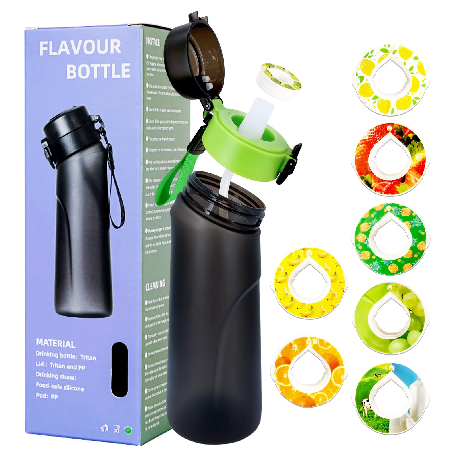 750ML Air Water Bottle with 7 Flavor Pods - BPA Free, Sugar Free Hydration Bottle for Outdoor Sports, Gym & Travel - Starter Set Includes Flavor Capsules (Black Green)