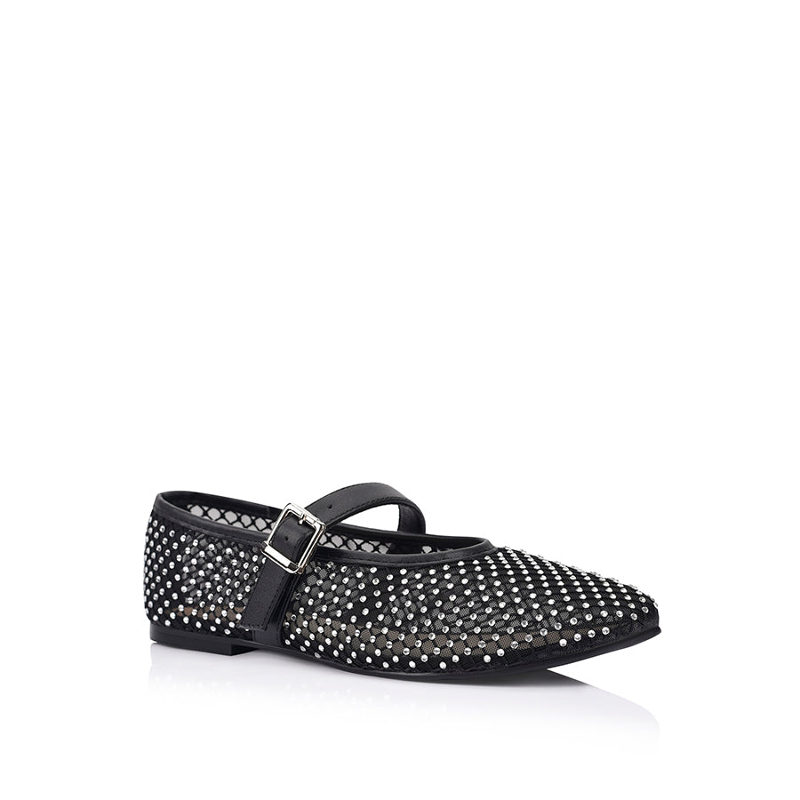 Damsel Diamante Mary Jane Flats for Women - Elegant Black Ballet Shoes | Perfect for Weddings, Parties & Everyday Wear