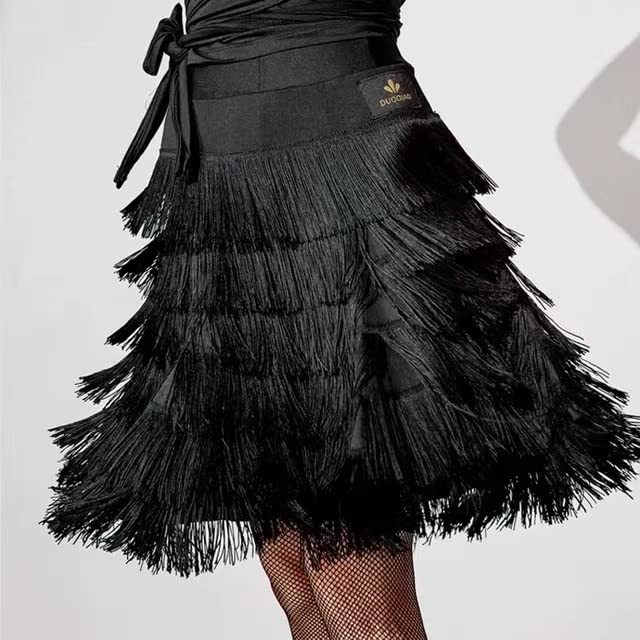 Professional Black Multilayer Fringe Latin Dance Skirt for Tango, Flamenco, Salsa, and Ballroom - Perfect for Competitions, Performances, and Social Dancing